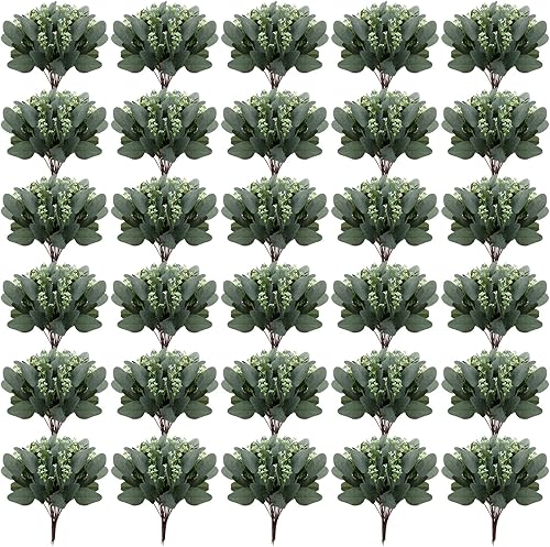 180 piezas de tallos de eucalipto, hojas de eucalipto artificiales, tallos verdes, tallos artificiales plateados con semillas blancas, ramas cortas