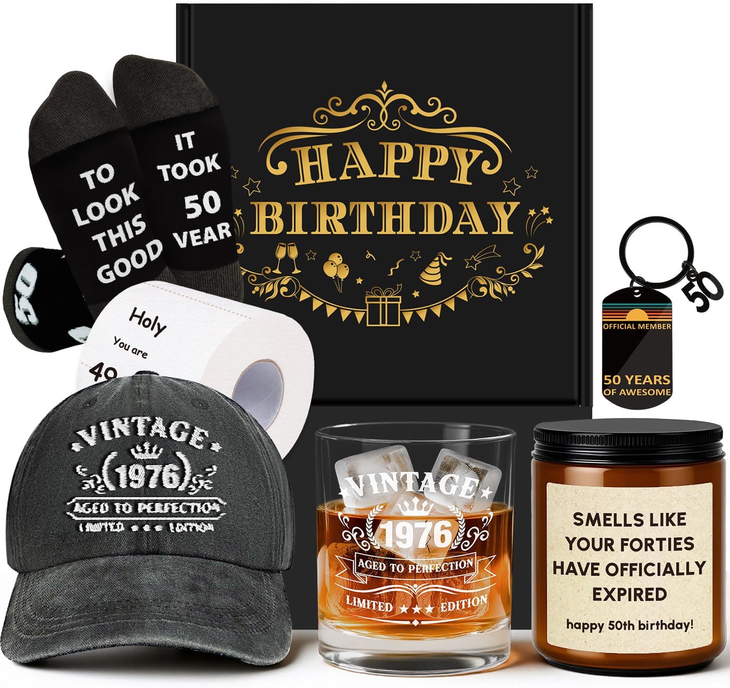 50th Birthday Gifts for Men, 50th Men’s Birthday Gifts for Men Who Have Everything Vintage 1976 Whiskey Glass Baseball Cap 50 Year Old Funny Personalized Birthday Gifts for Him Husband Boyfriend Dad