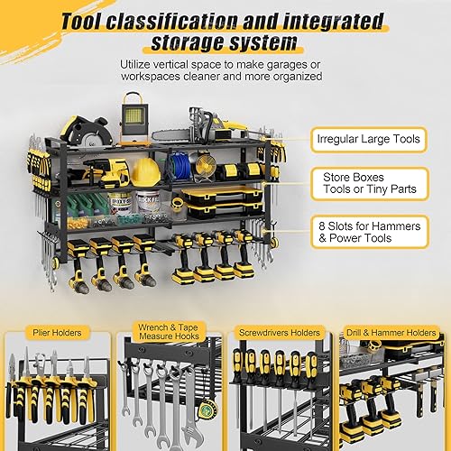 Miniatura 8 de Organizador de herramientas eléctricas, soporte de pared, estante de almacenamiento de herramientas de 4 niveles con 8 soportes para taladro,
