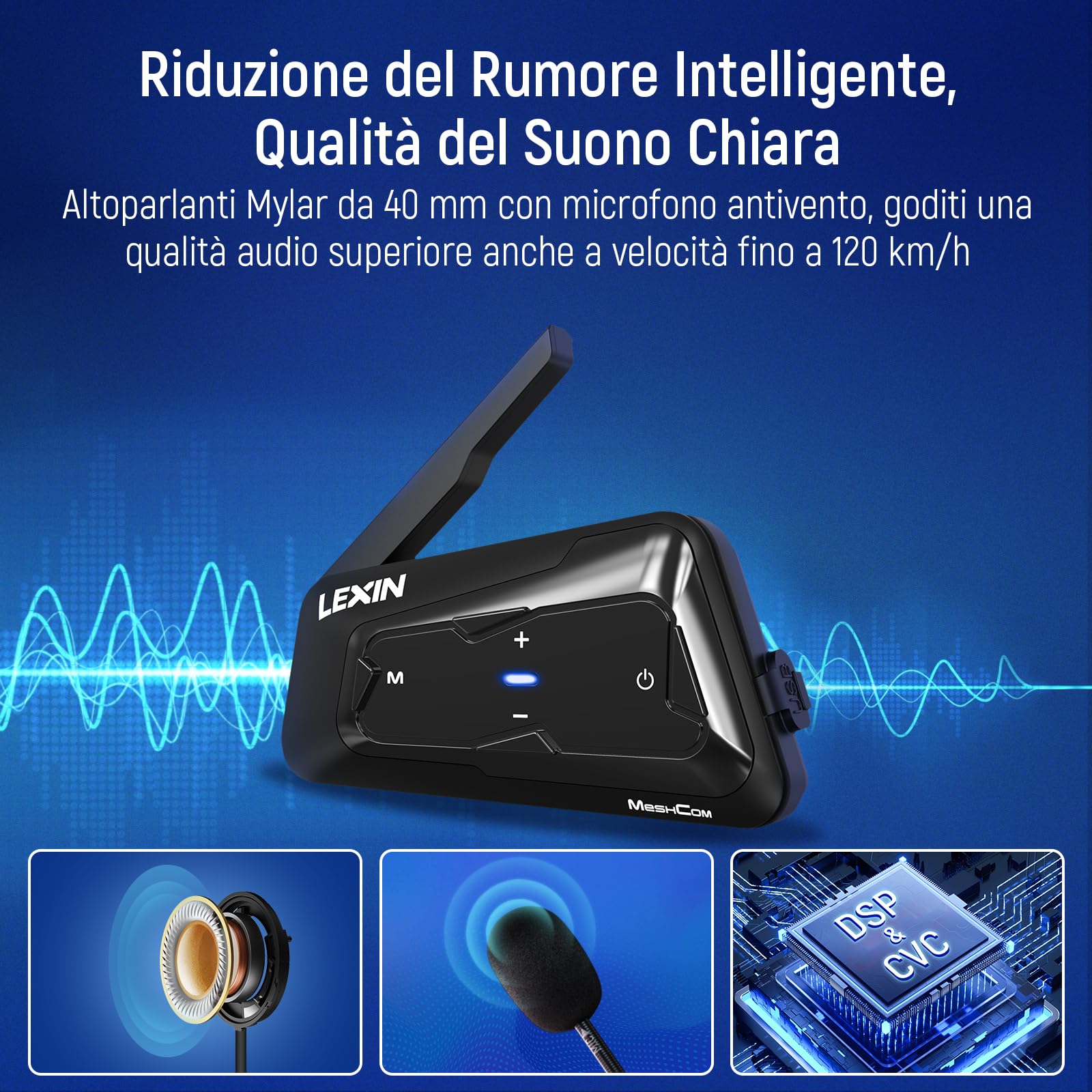LEXIN MeshCom Interfono Moto - Bluetooth 5.0 Interfono per Casco con Condivisione Musica, Multitasking Audio, IP67,Mesh 3.0 Sistema di Comunicazione per 24 Motociclisti, Batteria da 1100mAh, Doppio