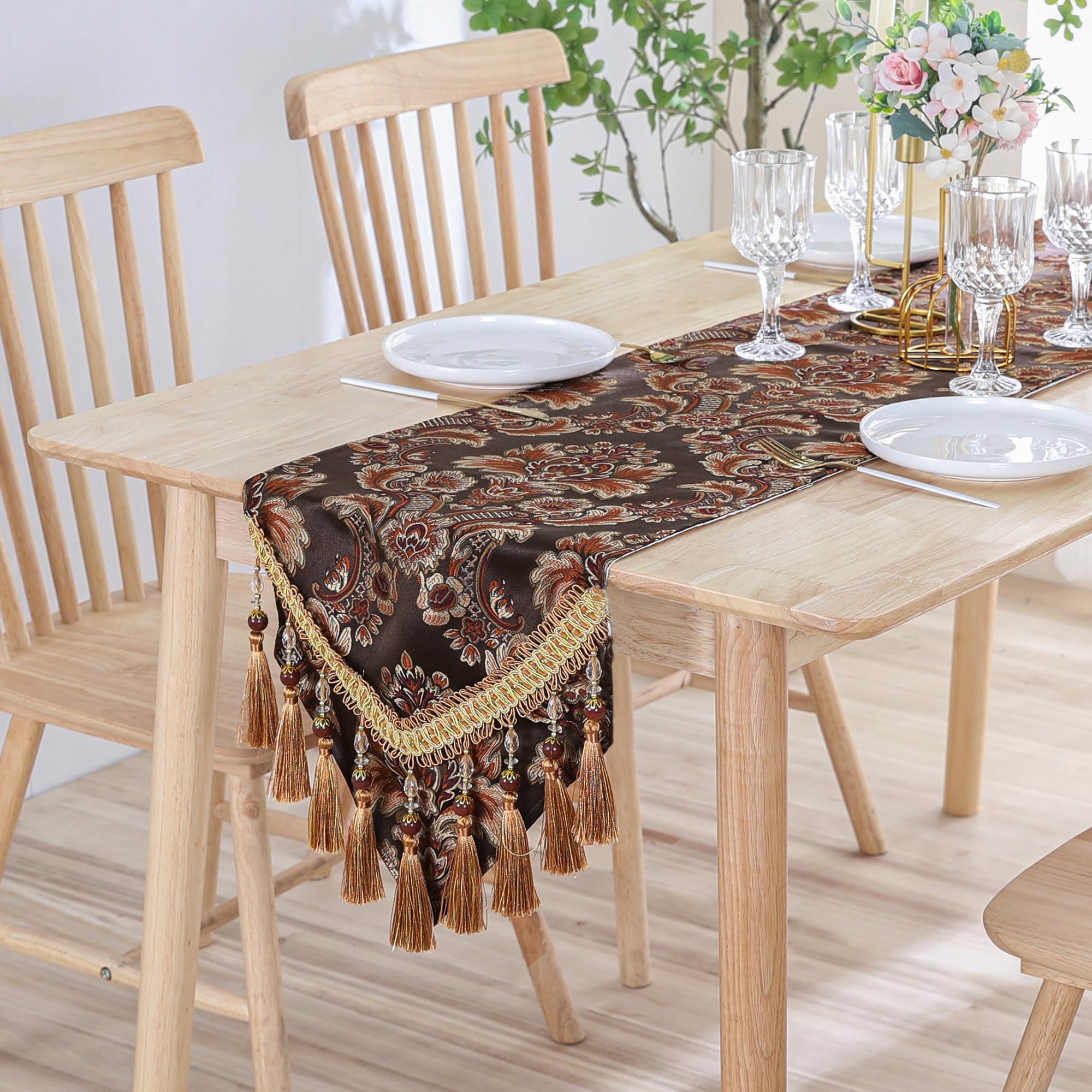 Luxury Vintage Table Runner - Embroidery Jacquard With Multi-Tassels, Brown, 13x78 Inch For Dining & Fireplace