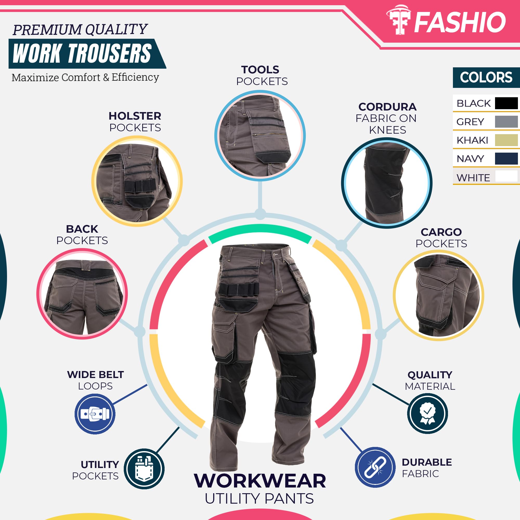 FASHIO FF Pantalones de trabajo para hombre, con bolsillos, tácticos, resistentes, cordura, refuerzo de rodilla, pantalones de seguridad