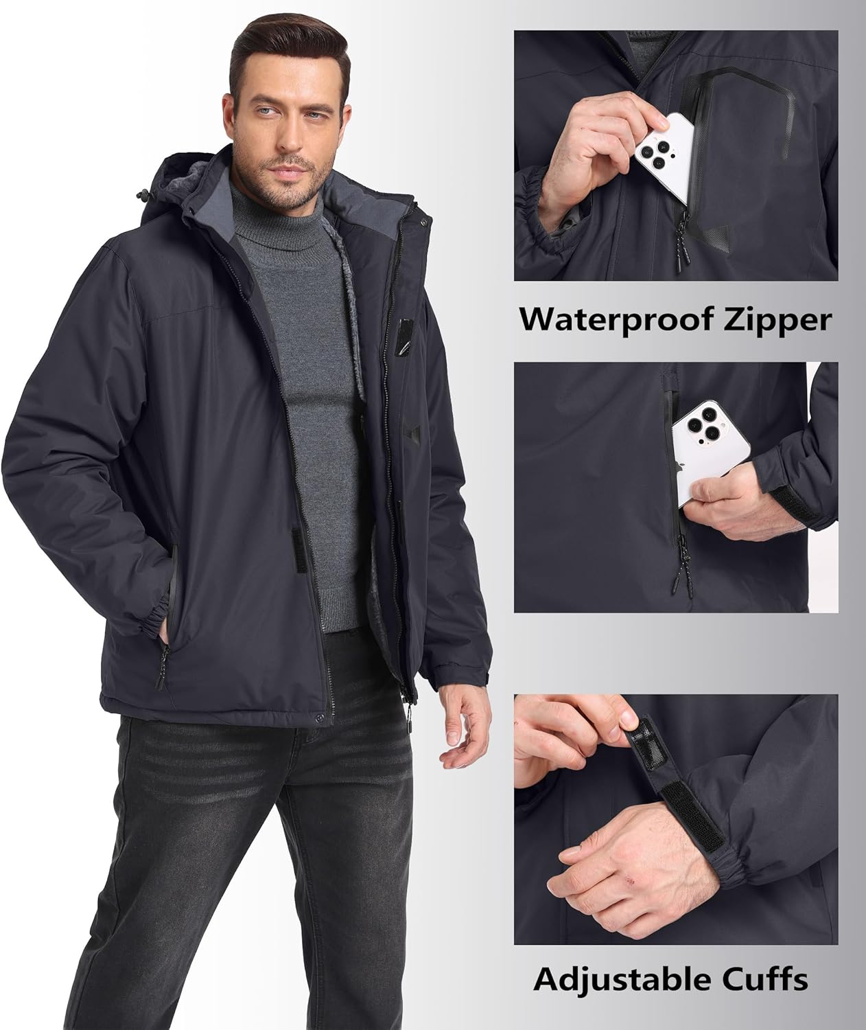 Mens Winter Jackets Waterproof Warm Fleece Ski Jacket with Hood Thermal Windproof Coat Zip Pockets - Image 3