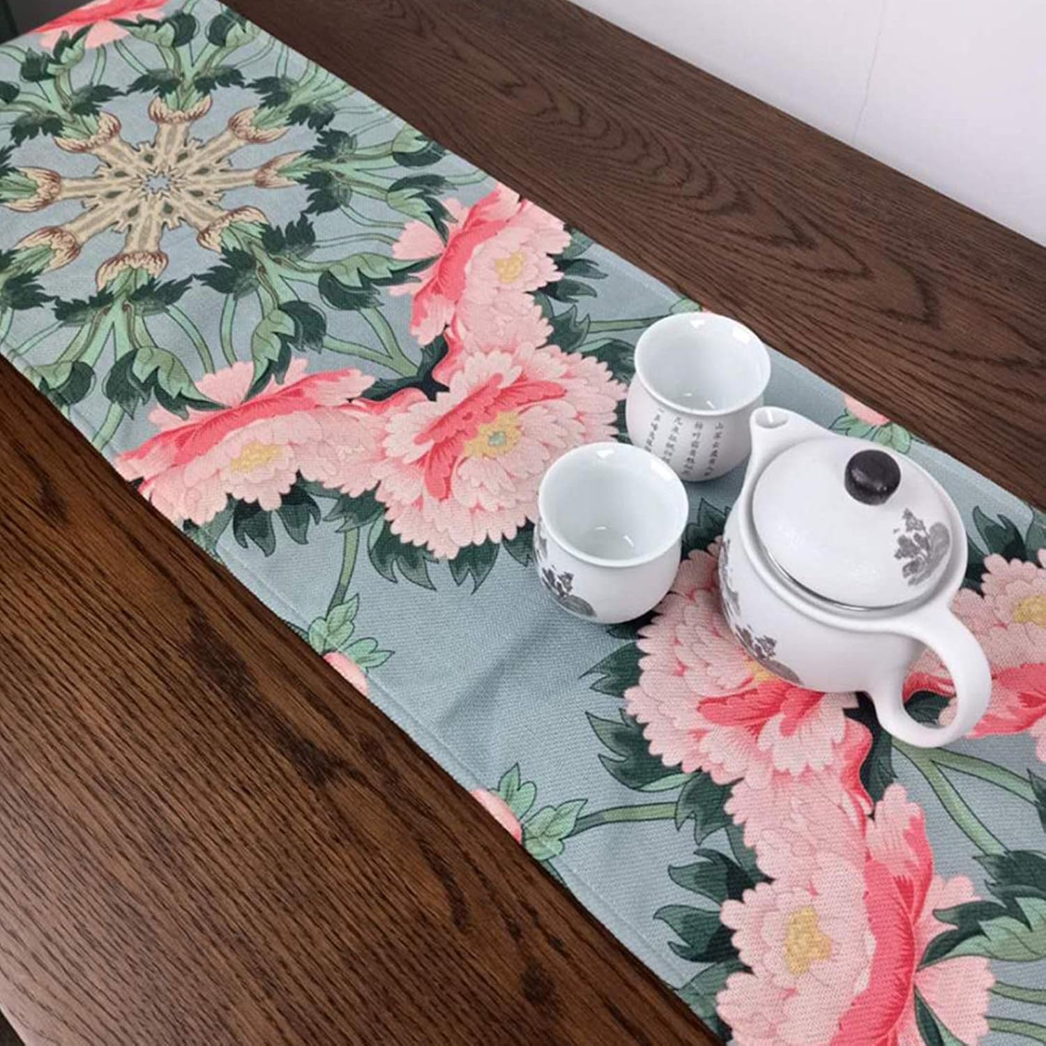 Table Runners,32x190CM,Peony Flower Rectangle Table Runner Polyester,Festive Table Runner Green Pink