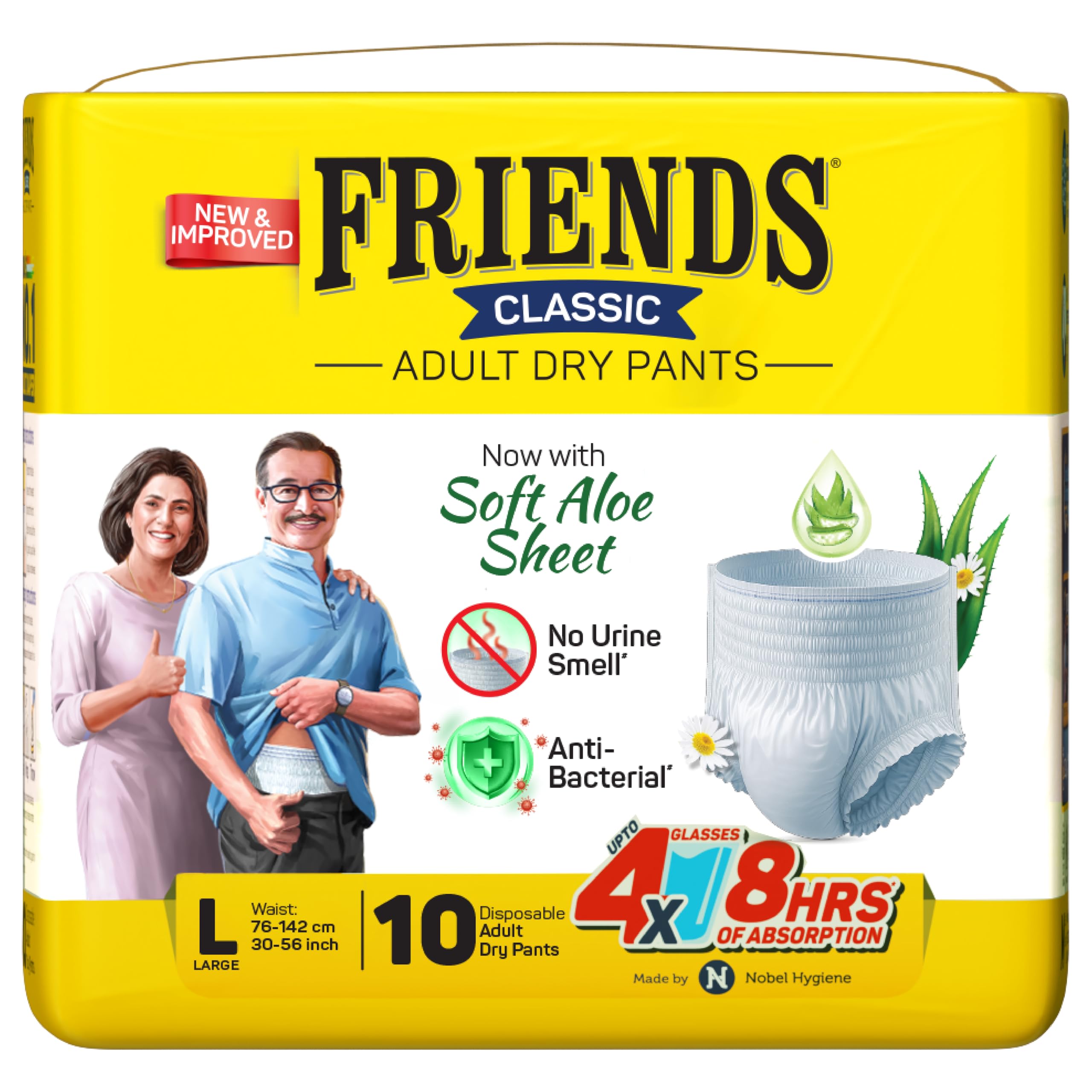 Friends Classic Adult Diaper L Size Pants | 10 Count (Large) | Waist 30 - 56 inch | Aloe Vera | Unisex | Quick & Even Absorption | Long Protection hours | Brief-Like Fit | Odour Lock | Leakproof | Elastic Waist & Anti-Bacterial Absorbent Core