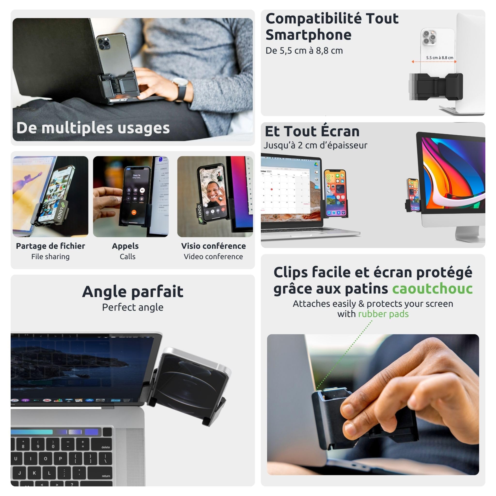 Support Téléphone PC Ajustable Universel pour iPhone Samsung Huawei Google Pixel Noir
