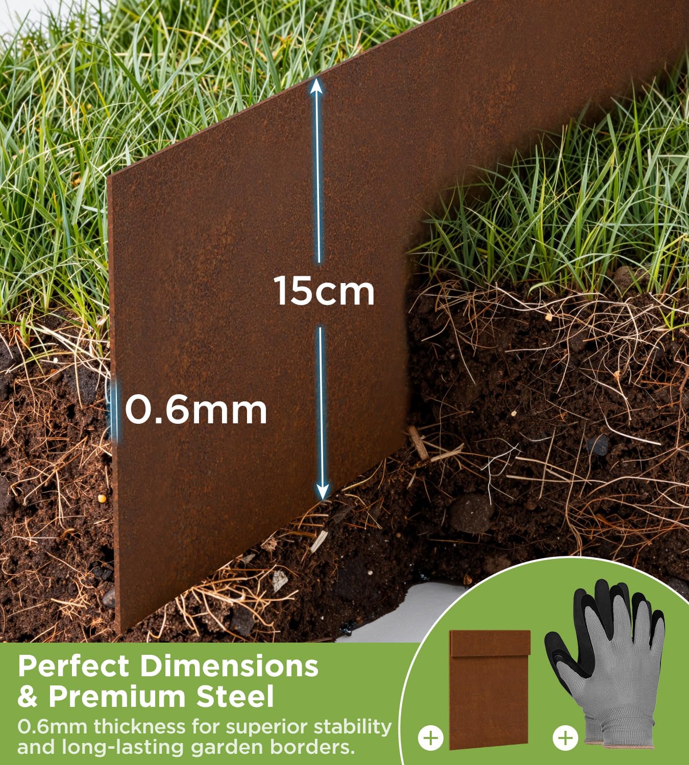 Borde de césped de acero corten de 10 m – Ribete de metal de 15 cm de alto y 0,6 mm de grosor – Borde flexible con acabado oxidado, incluye un par de guantes y un conector de metal