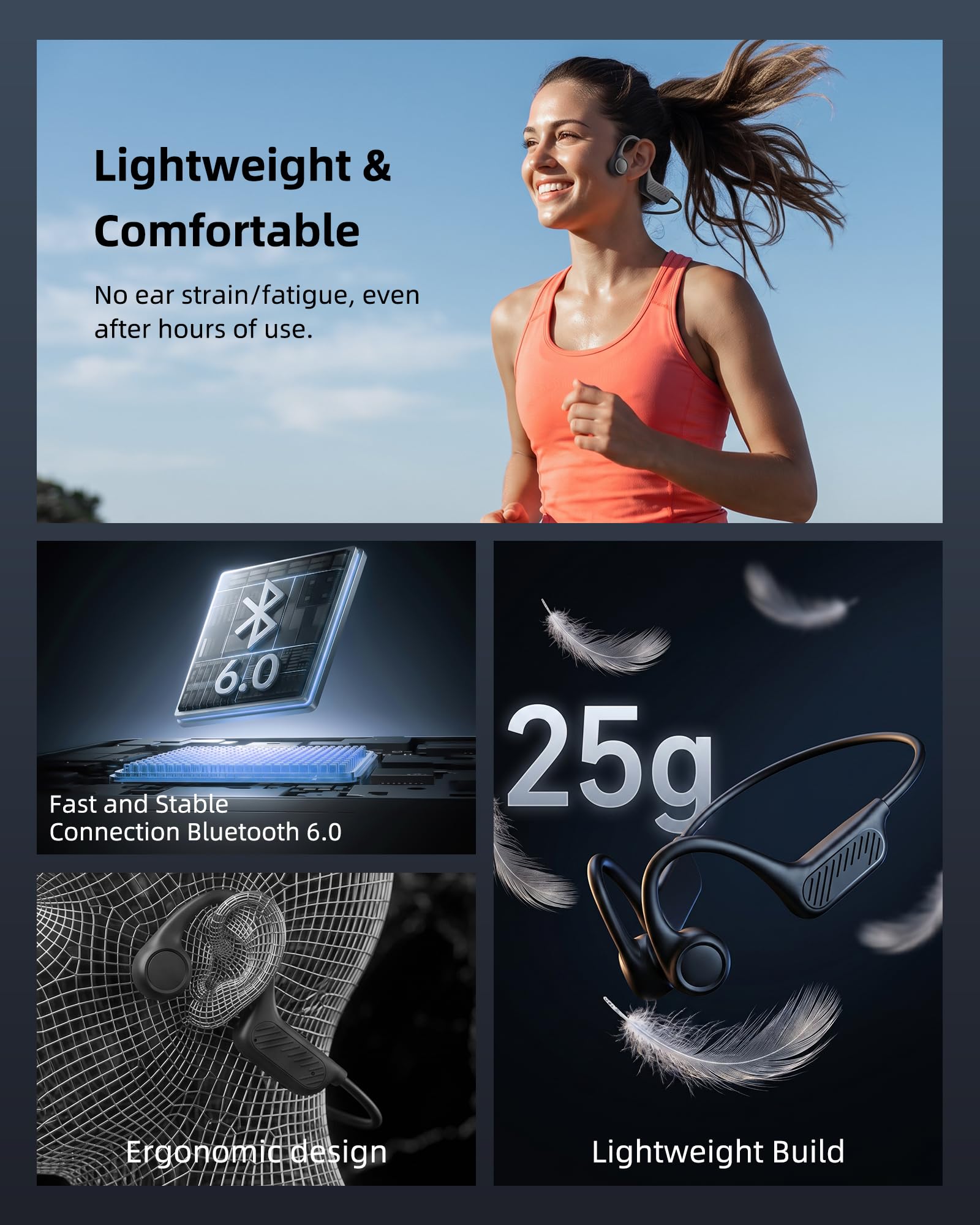 Casque à conduction osseuse, Bluetooth 6.0, casque de sport sans fil avec 10 heures de lecture, confort léger, étanchéité IP54, pour cyclisme, gym, course à pied (noir)