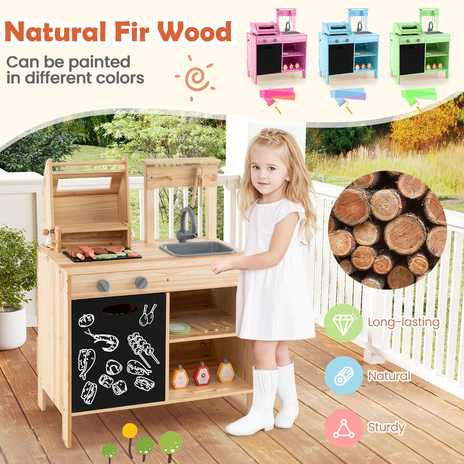 HOMASIS Cuisine extérieure pour Enfants avec Barbecue, Table, évier, Cuisine Jouet avec 27 Accessoires, Ensemble Jouet en Bois de Sapin