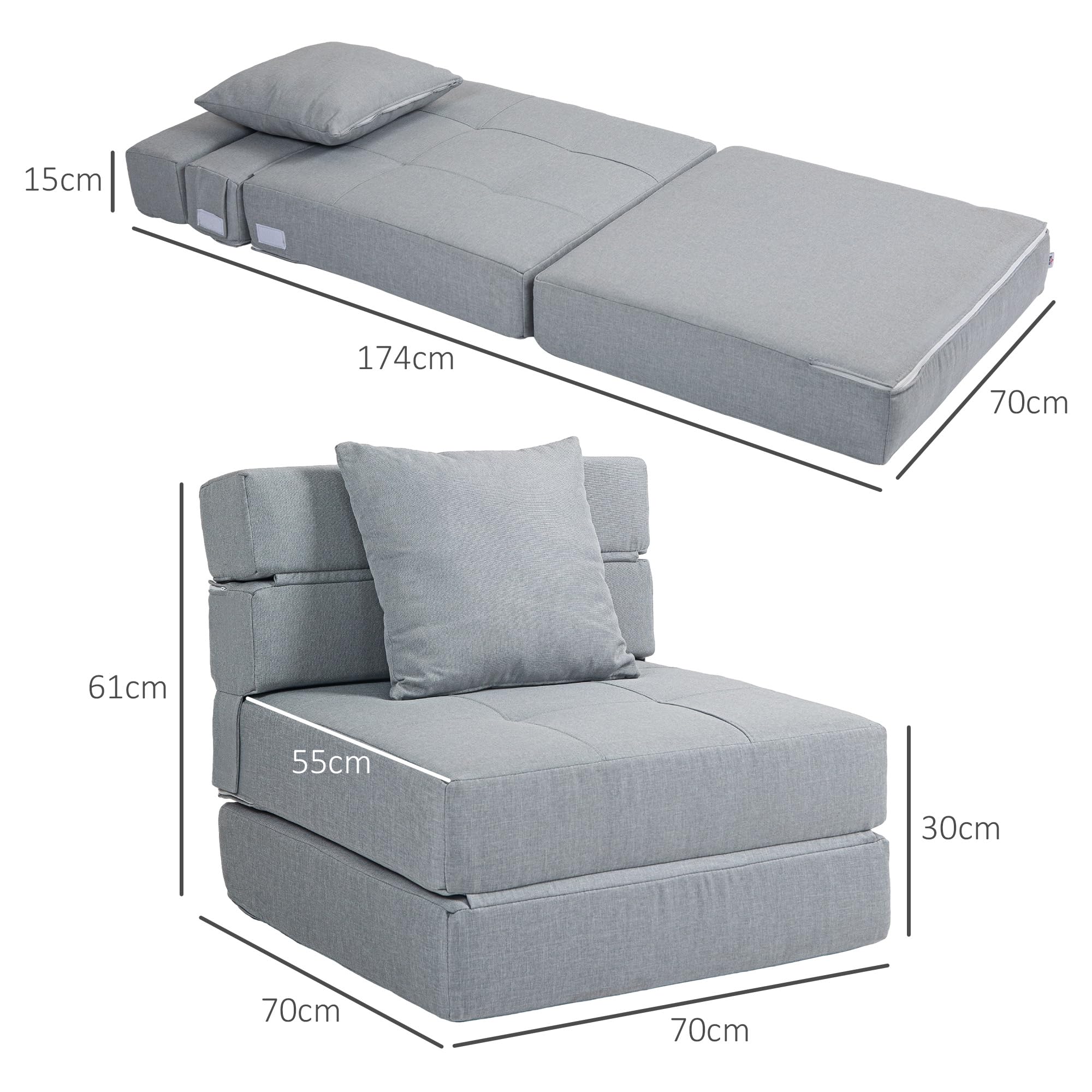 HOMCOM Fauteuil Convertible 1 Place Fauteuil lit chauffeuse 1 Place - Coussin déhoussable Inclus - Chaise de Sol pour invités, Salon, Charge 120 kg, Gris Clair