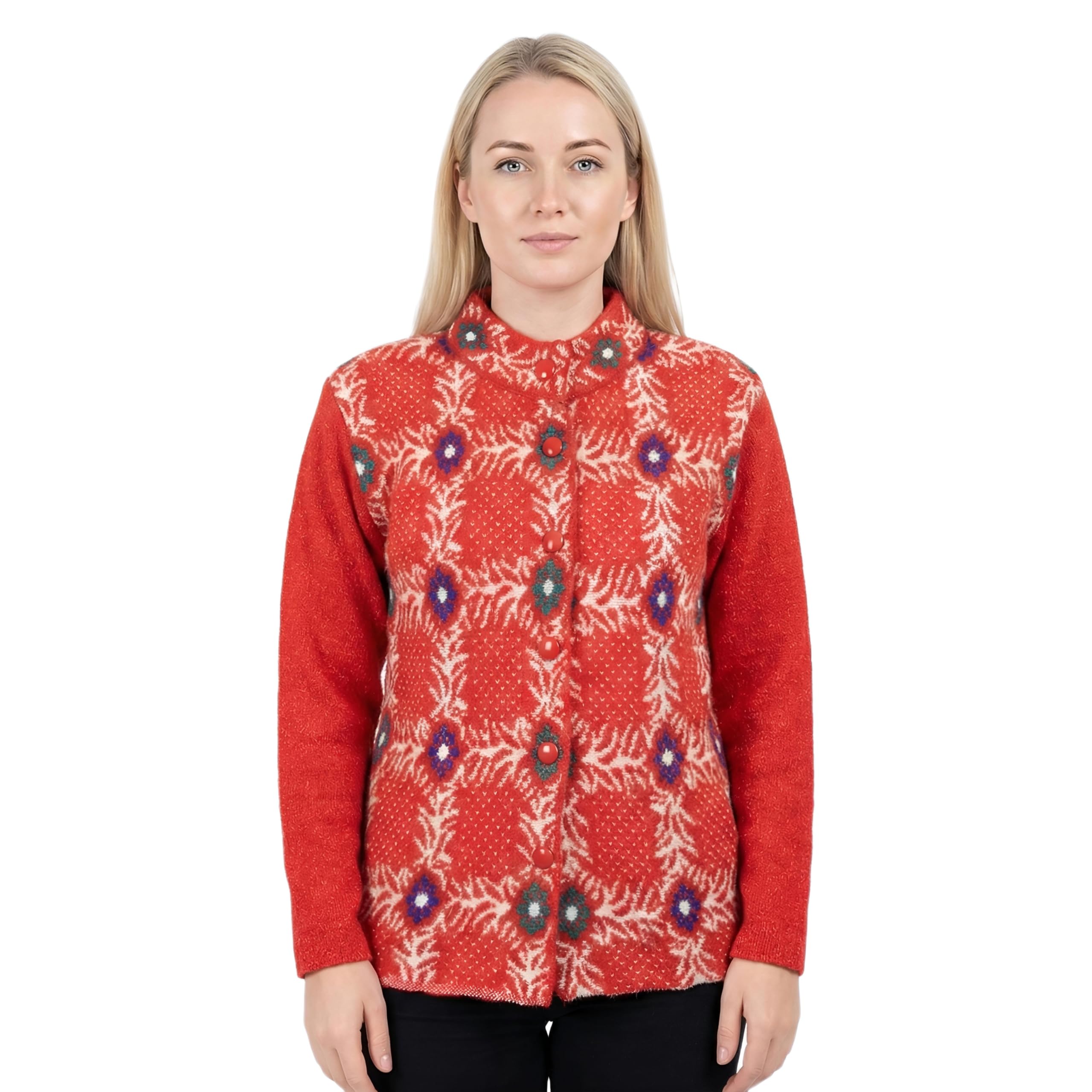 KD Fashion Collection Women's Red Wool Blend Front-Buttoned Cardigan Jacket with Intricate Floral Jaquard Design and Stand Collar | Warm Winter Wear In XL-image-5