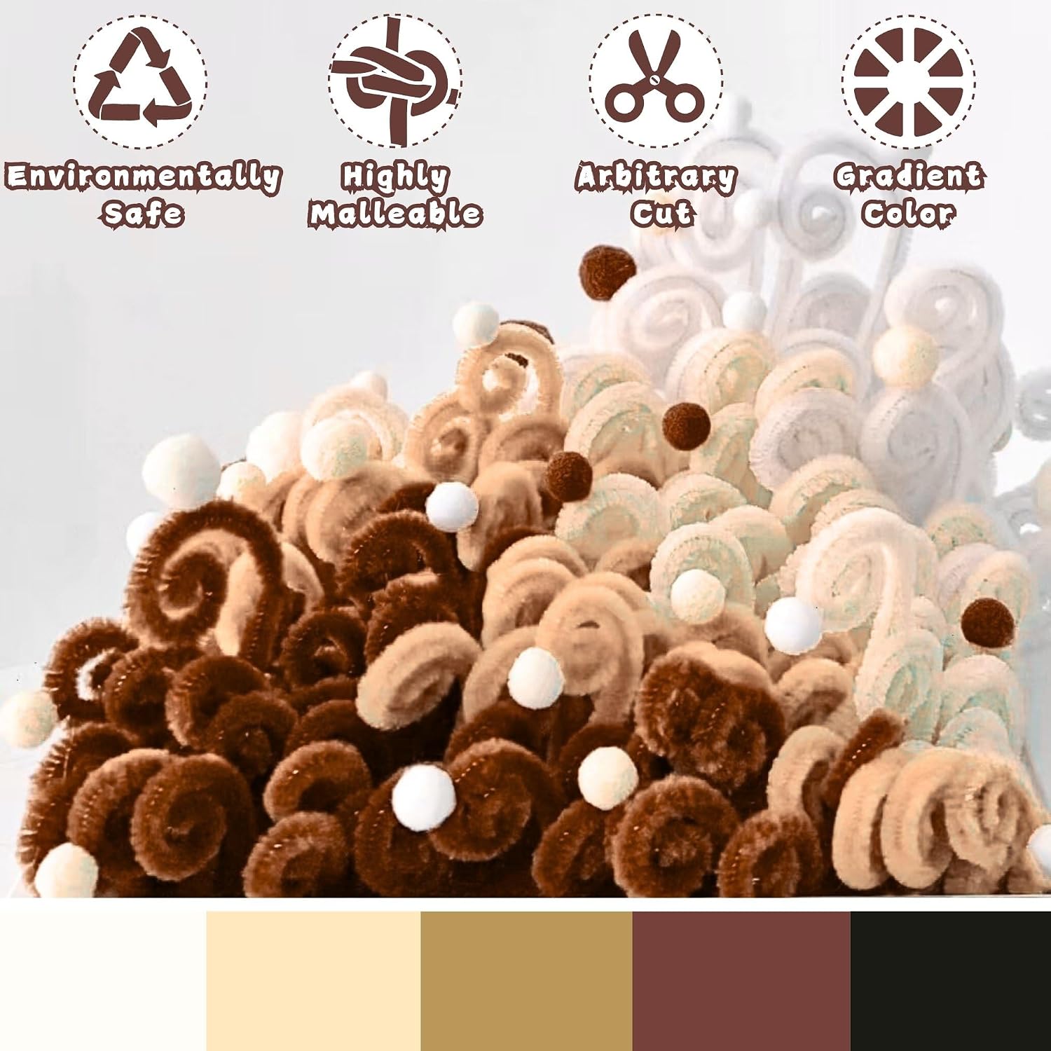 180 PCS 6 Colors Brown Pipe Cleaners Chenille Stems,Pipe Cleaners Craft,Pipe Cleaners Set for DIY Art and Craft Projects（Gradient Brown）