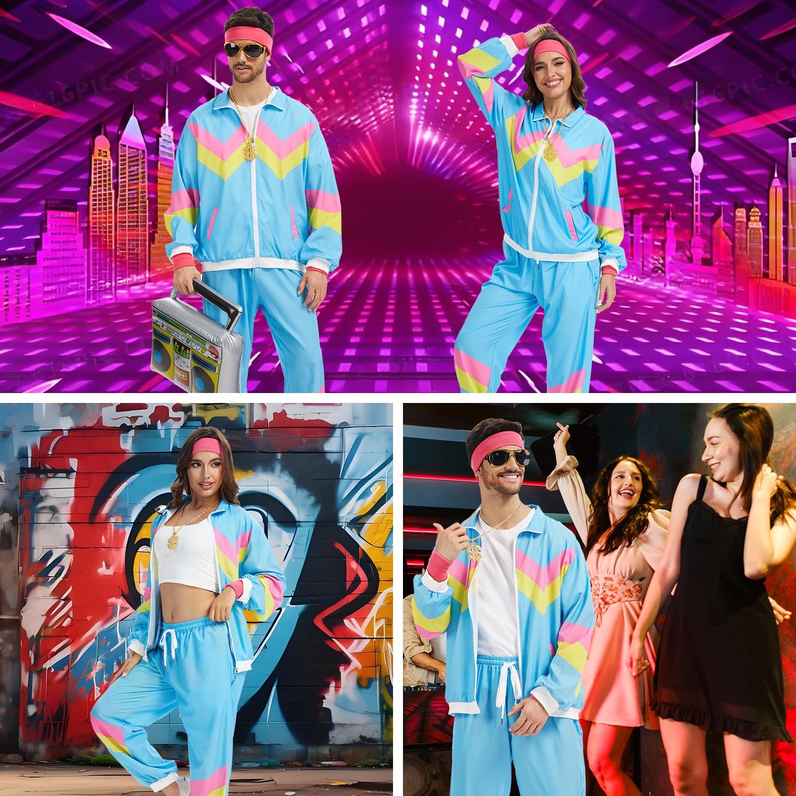 80er 90er Jahre Outfit Herren Damen Retro Trainingsanzug,Disco Ganzkörperanzug Hip Hop Sportanzug Set,Jogginganzüge,Streetwear Trainingsanzug Kostüm, Faschingskostüme