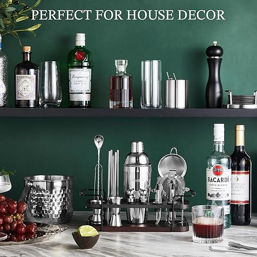 Miniatura 3 de KITESSENSU Juego de coctelera con soporte  Kit completo de cóctel de 24 piezas con todos los accesorios de bar coctelera de Martini, Jigger, Muddler