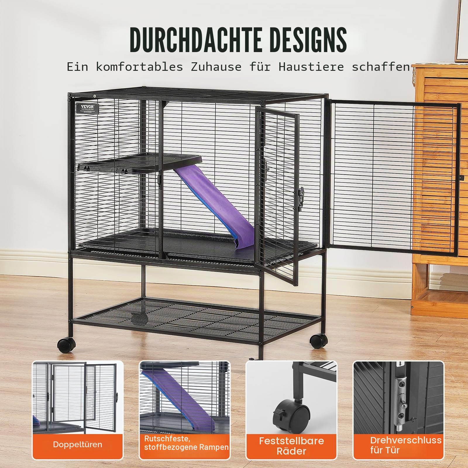 VEVOR 610x440x865mm Frettchenkäfig aus Metall, 2-stöckiger Kleintierkäfig mit Rampen und Tablett, einfach aufzubauen für Hausratten, Hamster, Meerschweinchen, Chinchillas, Eichhörnchen, Igel, Hasen