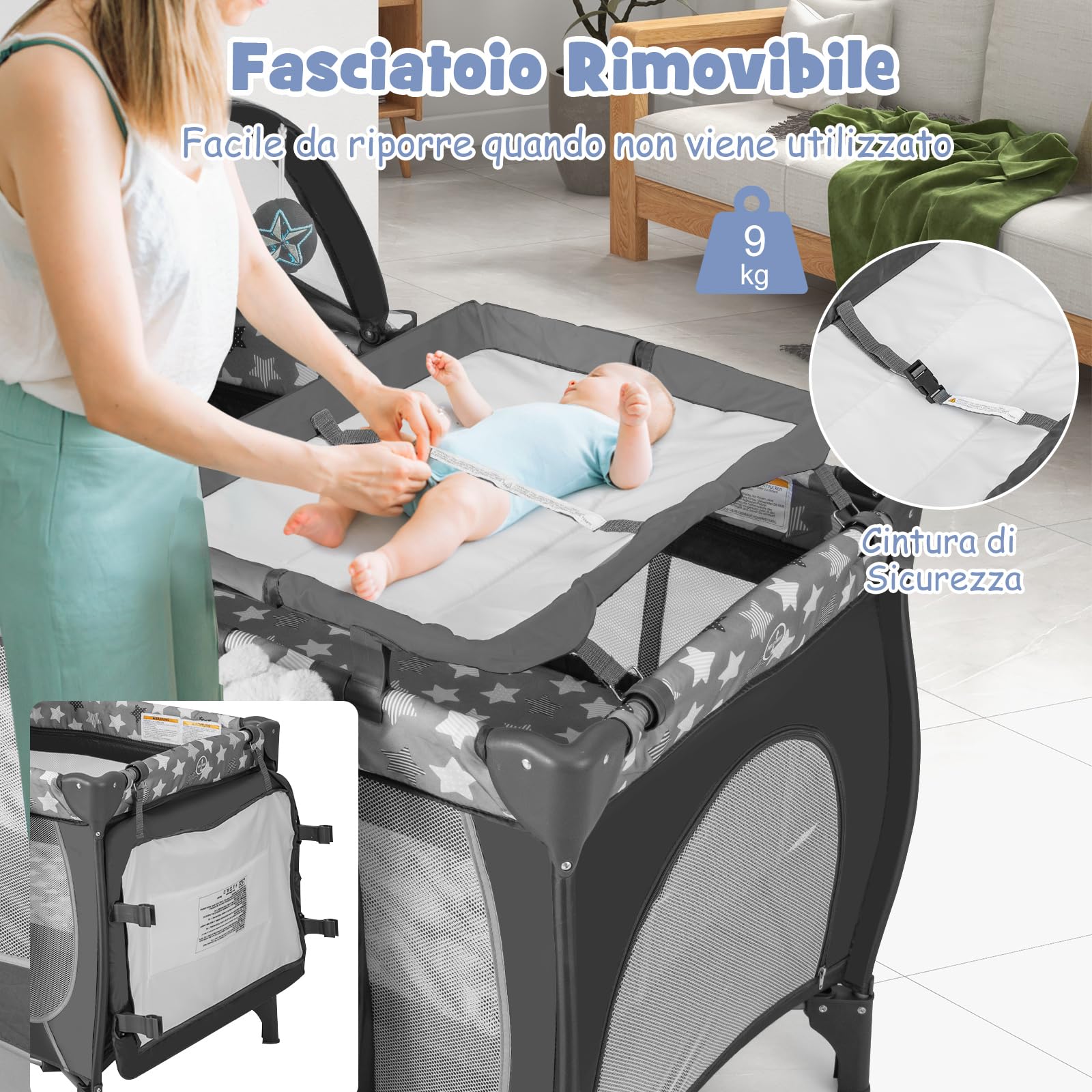 COSTWAY 5 in 1 Lettino da Campeggio con Materasso, Lettino Neonato da Viaggio Pieghevole, Box Bambini Portatile con Borsa, Zanzariera, per Bambini 0-36 Mesi (Stella Grigia)