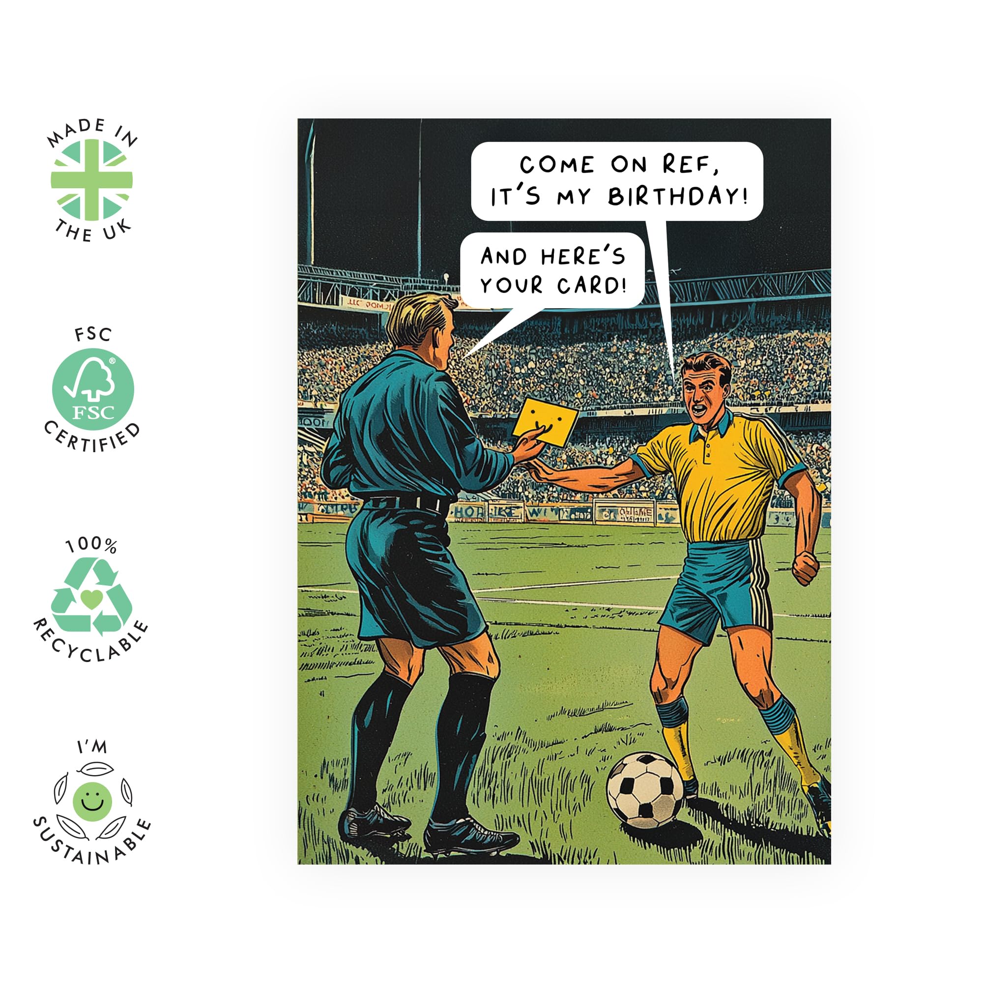 Biglietto Di Compleanno Per Lui A Tema Calcio | Design Disegnato A Mano Con Gioco Di Parole | Interno Vuoto, Busta Inclusa, 137x159 Mm