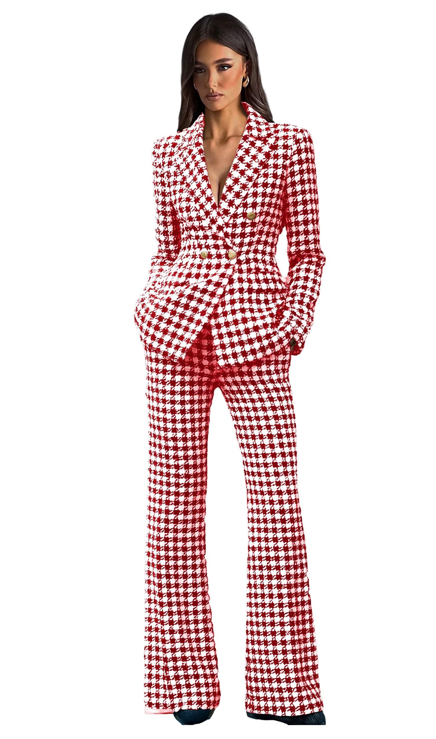 Fashion Plaid Suits for Women 2 Piece Set Double Breasted 4 Button Womens Suit Casual Peak Lapel Pant