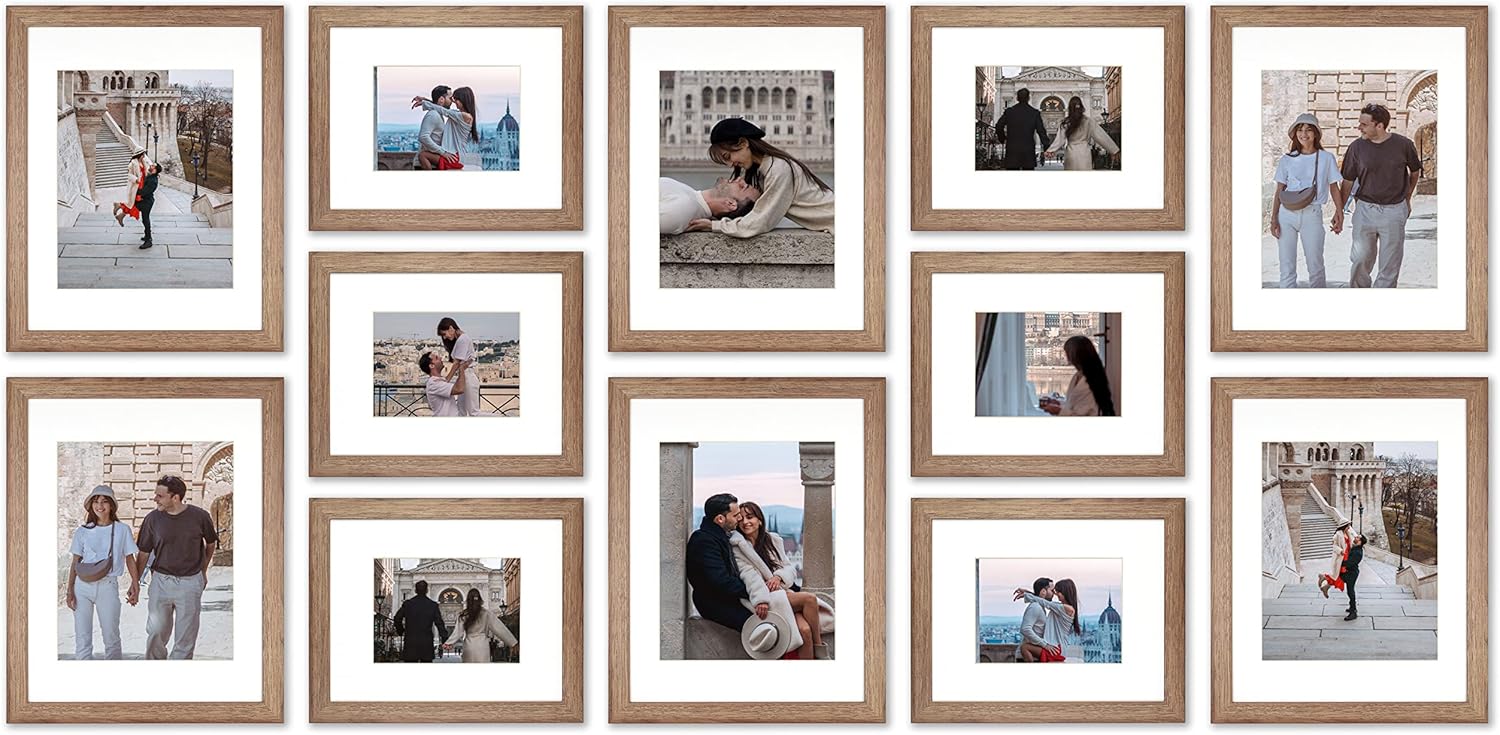 VELISTA 12 Piece Rectangle Gallery Wall Frame Set - Rustic Photo Frame Set with Mat 8x10/11x14" - Picture Frame Set for Wall Collage made of Engineered Wood – Farmhouse Assorted Picture Frames (Walnut)