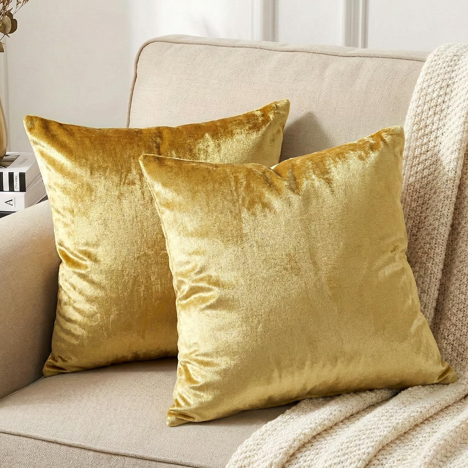 Thmyo 2 Pack Soft Velvet Solid Decorative Throw Pillow Covers 20x20 Inch Modern Cozy Square Cushion Cases for Sofa Couch Bed Car Luxury Home Decor- Golden