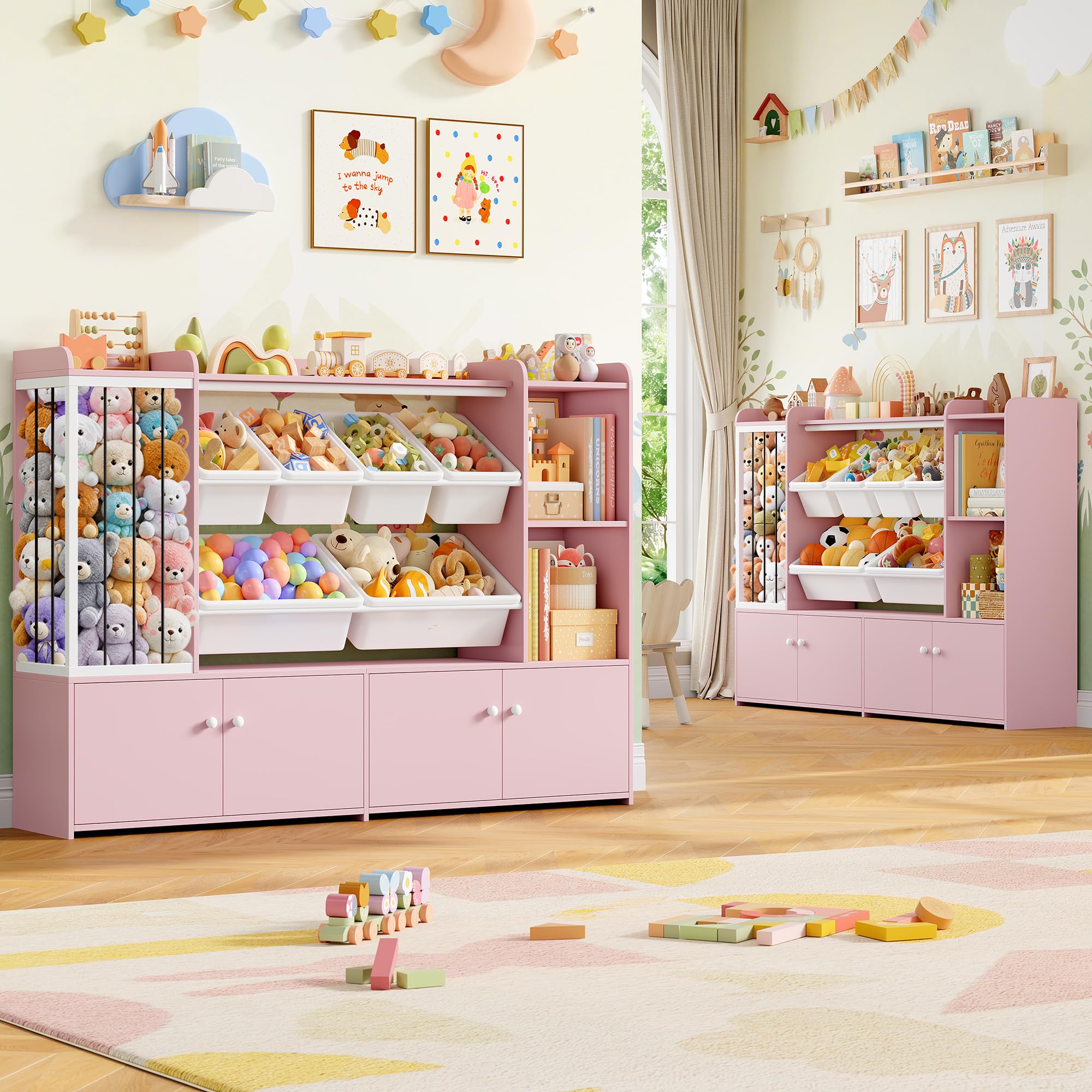 FOREHILL 137.3cm Mueble Juguetes Organizador, Organizador Peluches, Rosa | Libreria Infantil, 6 Cajas Extraíbles, Mueble Almacenaje Juguetes, Estanteria Infantil, Armario de 4 Puertas, 137.3x28x94cm
