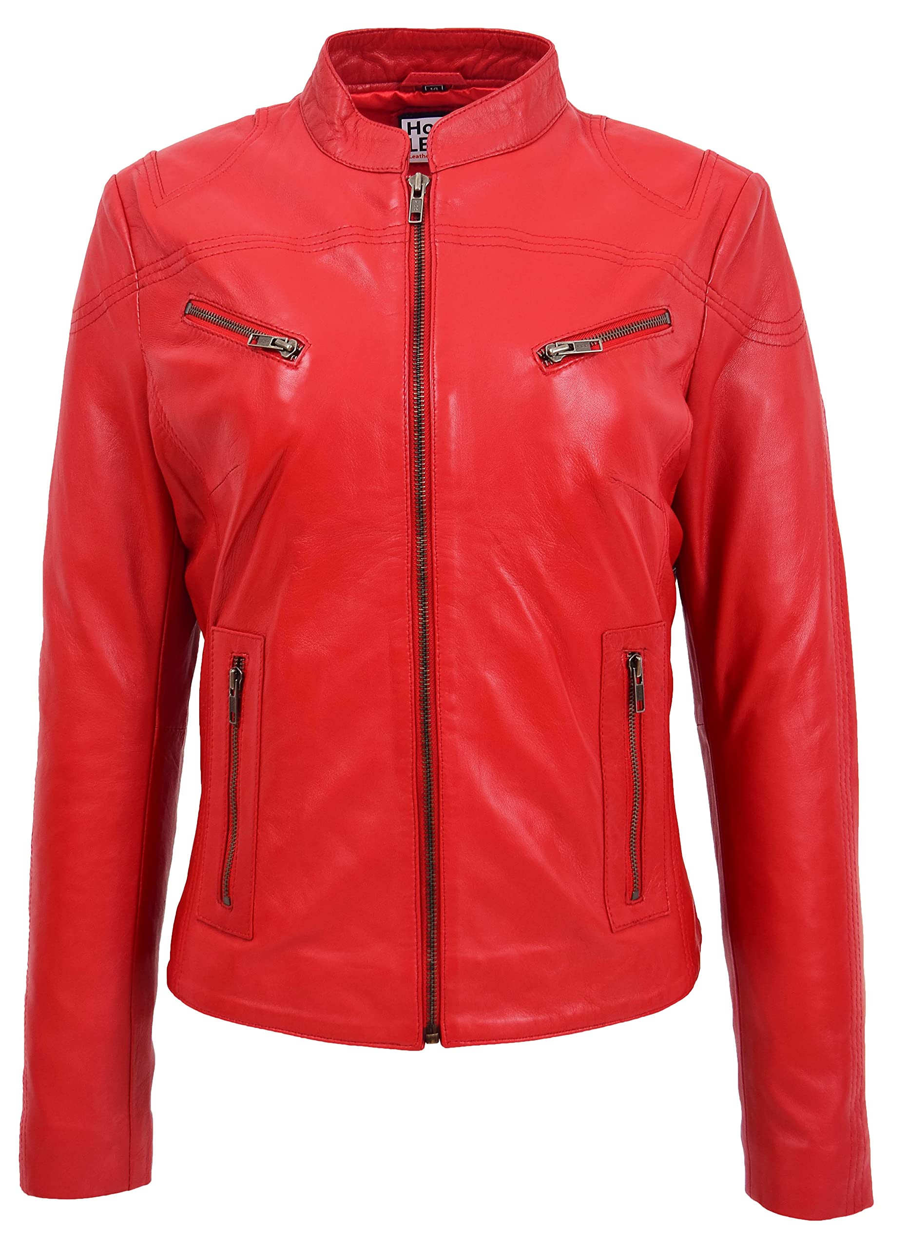 House Of Leather Women's Red Real Leather Biker Jacket Standing Collar Zip Up Style Becky (14, )
