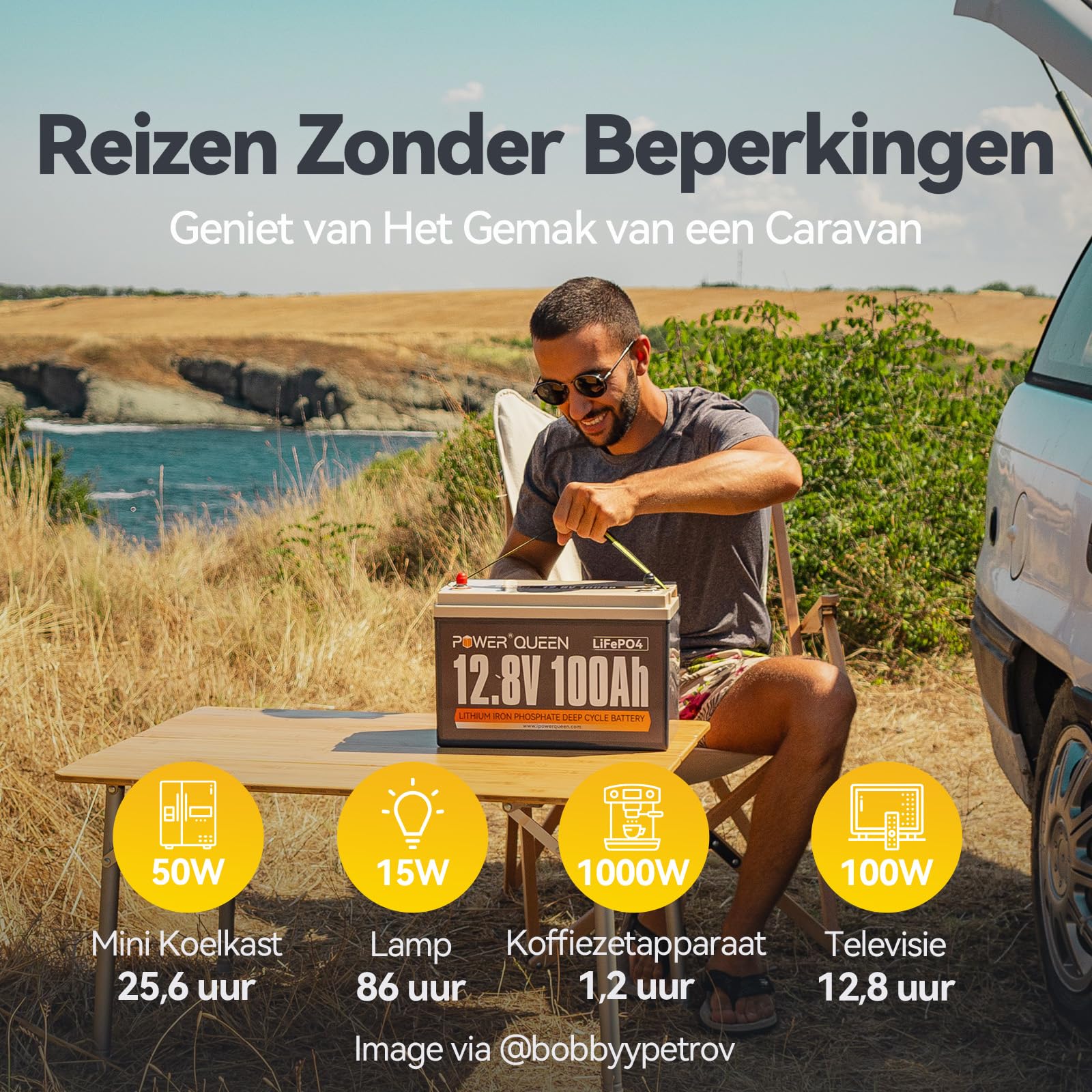 Power Queen 12V 100Ah LiFePO4 Lithium Batterie, 1280Wh Akku mit 100A BMS, 4000+ Ladezyklen, perfekt als Stromquelle für 30~70lbs Schub Trollingmotor, Wohnmobile, Boot