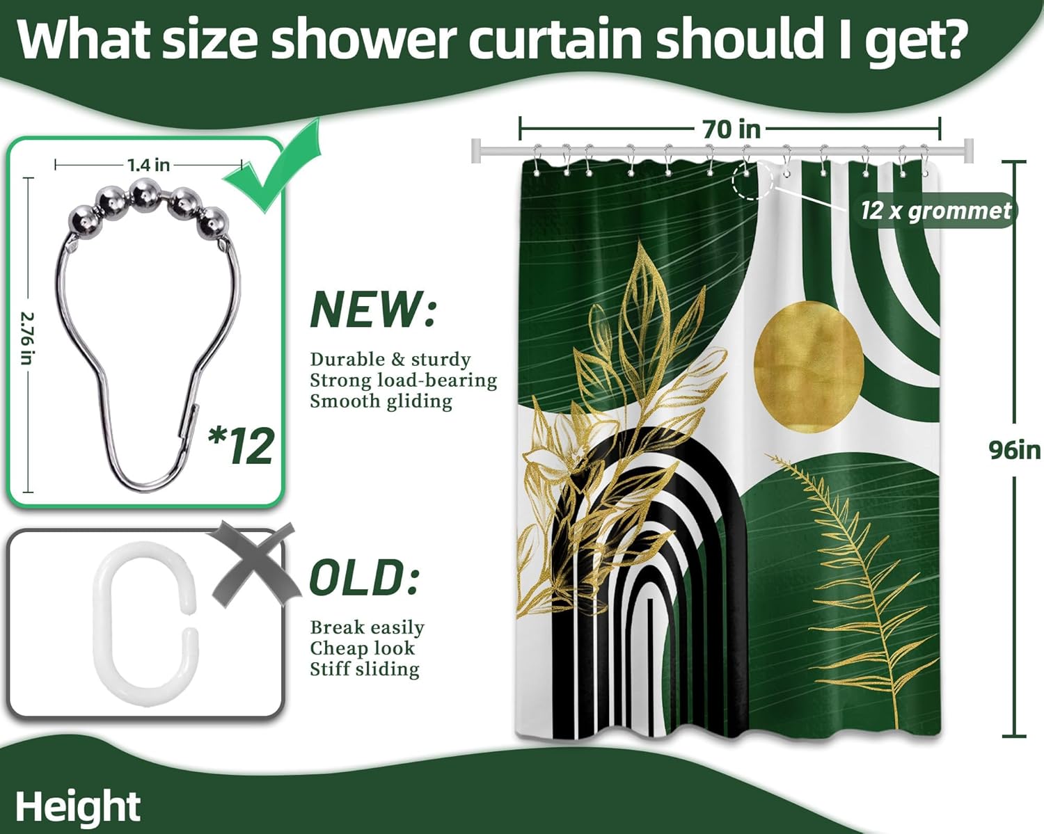 Olive Green and Gold Shower Curtain Boho Mid Century Modern Hunter Green Shower Curtains for Bathroom Decor Sets, Waterproof Cloth Fabric with Hooks 70x96in