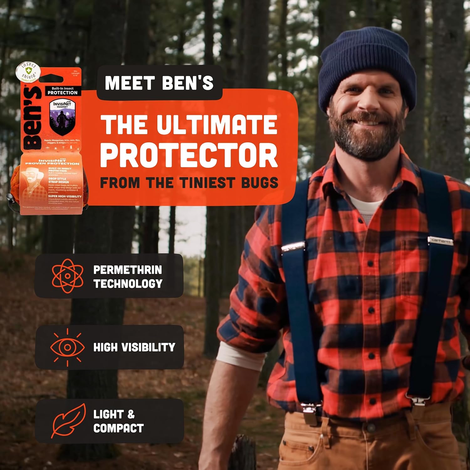 Ben's InvisiNet Xtra with Insect Shield - Comfortable Bug-Repelling Net with Permethrin & Drop Neck Design - High-Visibility Head Net with Pull String Sack