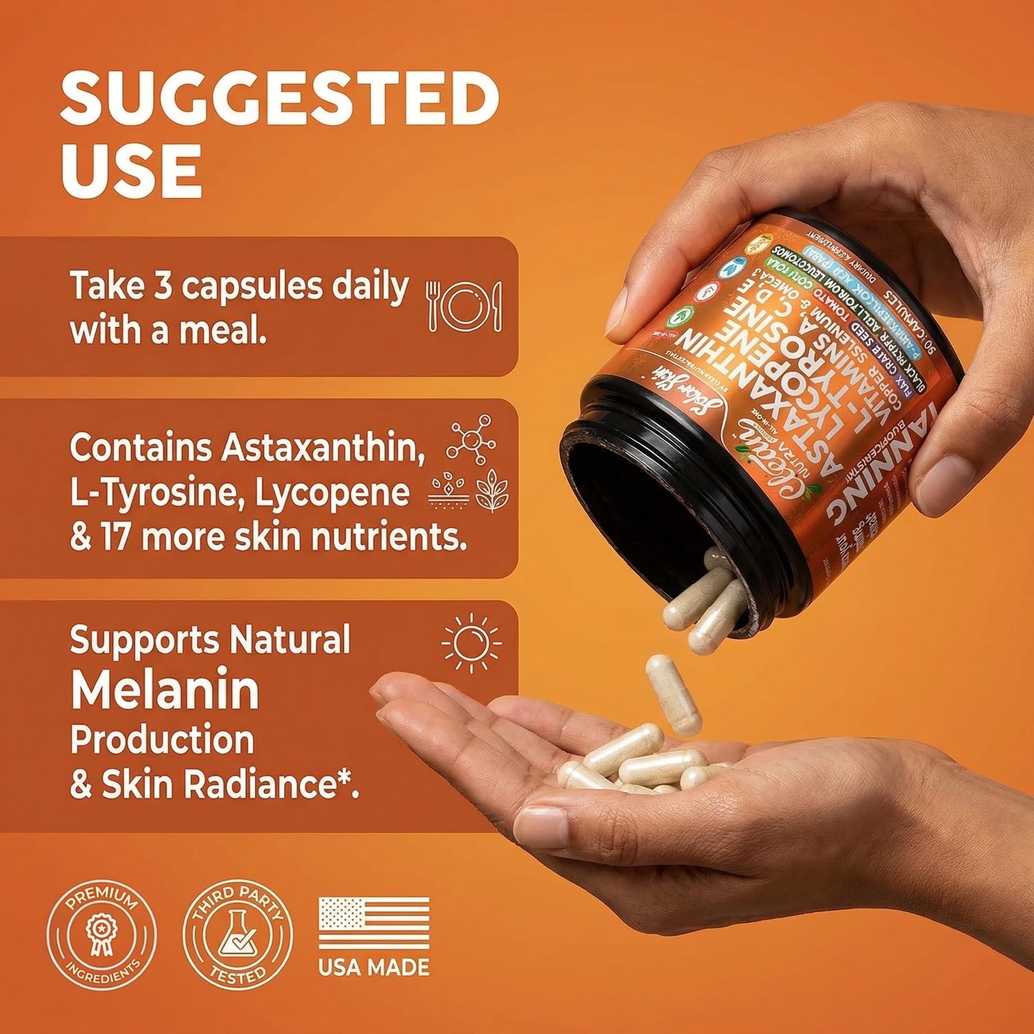 Solar Skin Astaxanthin Tanning Supplement Lycopene L-Tyrosine Vitamins A C D E, PABA Beta Carotene Selenium Grapeseed Extract Omega 3 Flax Seed Copper Capsules By Clean Nutra — Amazon image 6