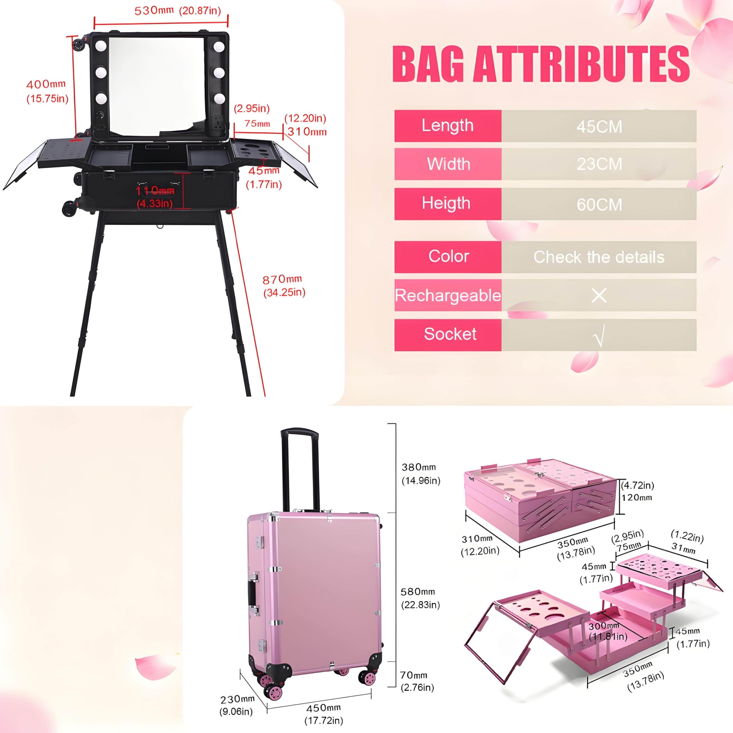 Tavolo da Trucco Professionale con Ruote, Portatile, Pieghevole, Supporto Nascosto e Ruote, Valigetta per Il Trucco Multifunzionale, Adatta a Truccatori Ed Estetiste, con Luce LED Pink