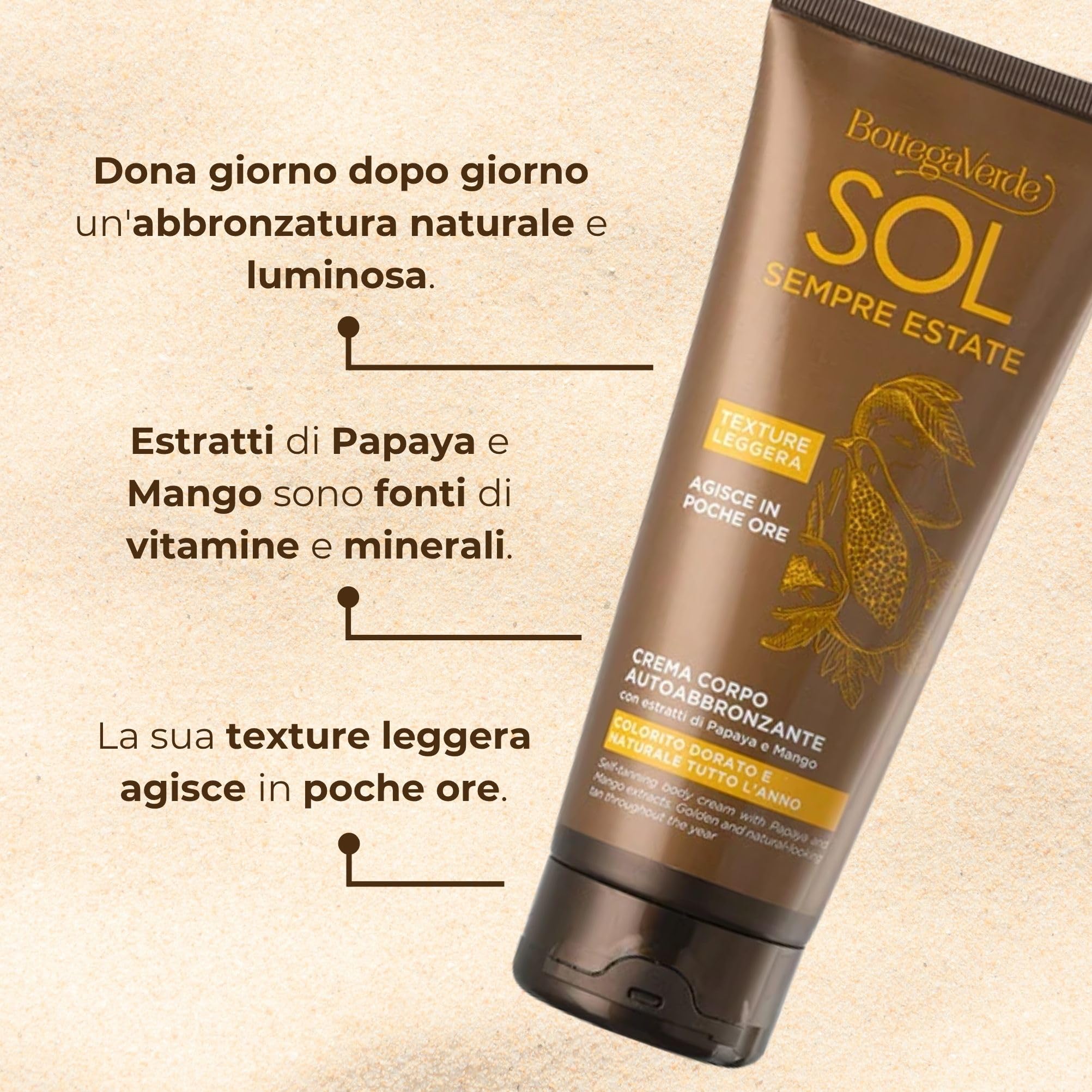 Crema Autoabbronzante Corpo Bottega Verde 200 ml con Estratti di Papaya e Mango