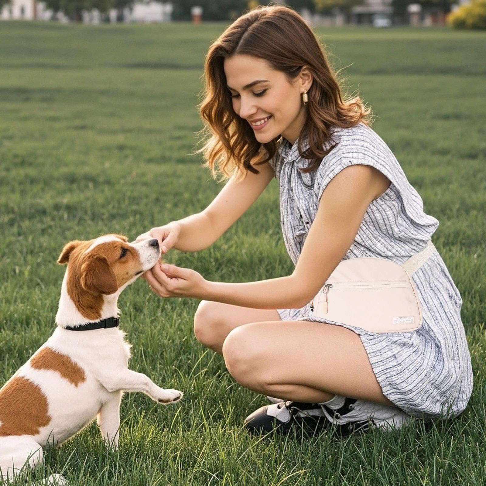 Leckerlitasche für Hunde, Wasserfester Leckerlibeutel und Training-Clicker, Gassi Tasche für Welpen Zubehör integriertem Kotbeutelspender — Futterbeutel Hundetraining & Spaziergänge (Beige)