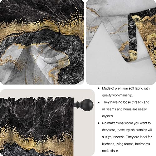 Miniatura 5 de Juego de 3 cortinas de ventana con diseño de mármol negro, juego de cenefas de arte de mármol, cortina de bolsillo para barra de cocina, patrones