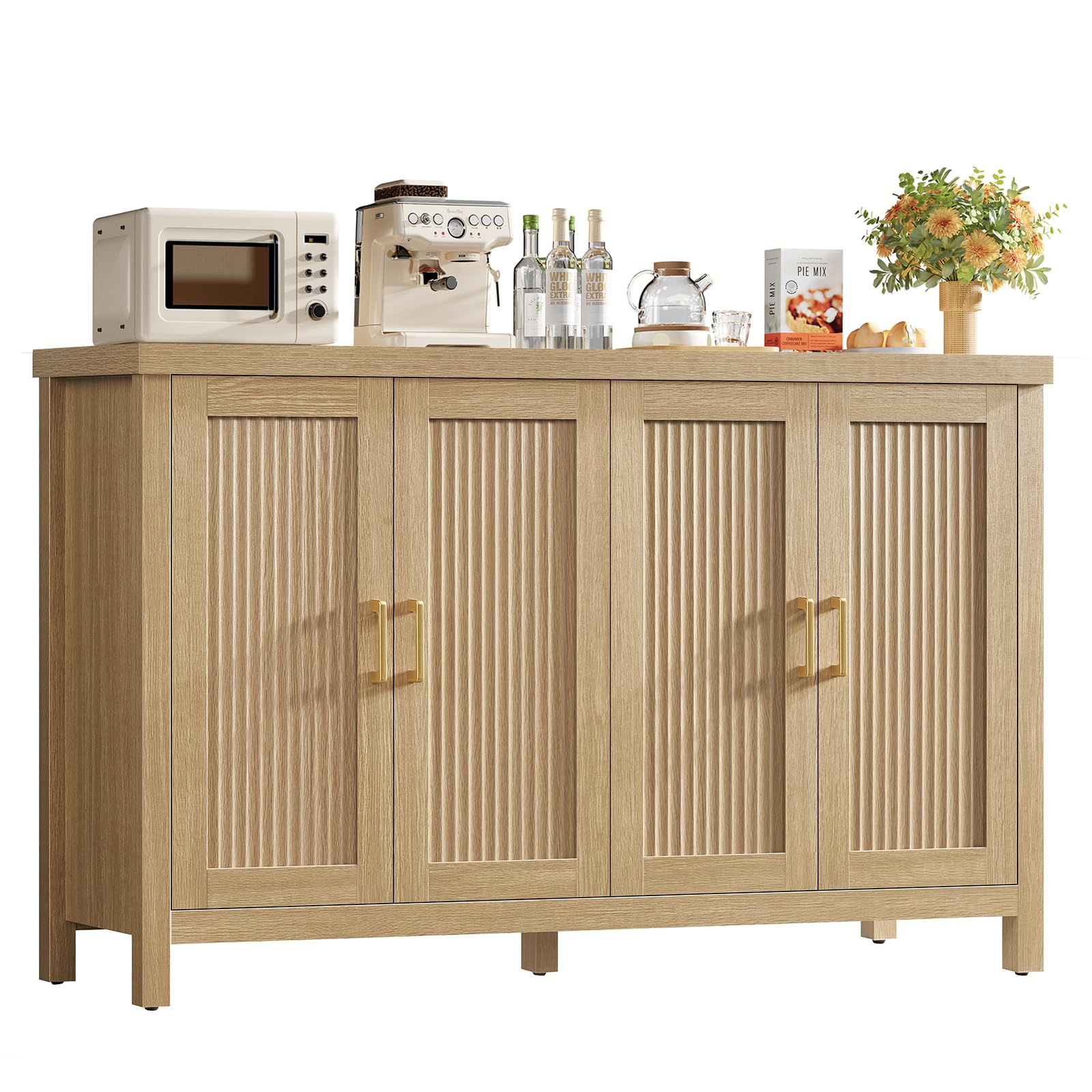 TEENFON 140cm Buffet Cuisine Cannelé 4 Portes, Meuble Cuisine à Étagères Réglables, Buffet Salle a Manger en Bois Naturel pour Salon, Cuisine – 140x38x83.6 cm