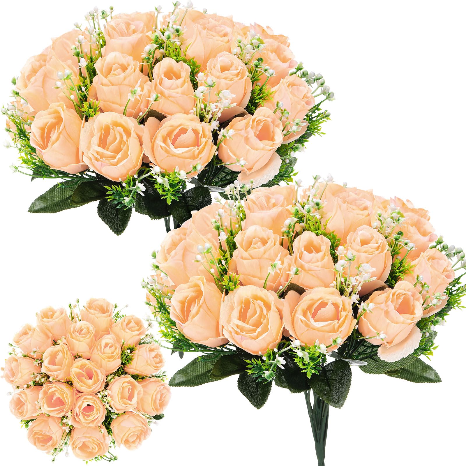 Riceshoot 2 Bouquets Cemetery Flowers Memorial Day 18 Heads Artificial Flowers for Cemetery Silk Grave Faux Roses Arrangements for Headstones Tombstone Decorations Graves Summer(Champagne)