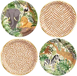 xo, Fetti Animal Print Safari Paper Plates, 4 Designs | 24 pcs 9" | Kids Decorations, Jungle Party Setting, Wild Birthday Decor, Rainforest Tablescape, Zoo Table Decor
