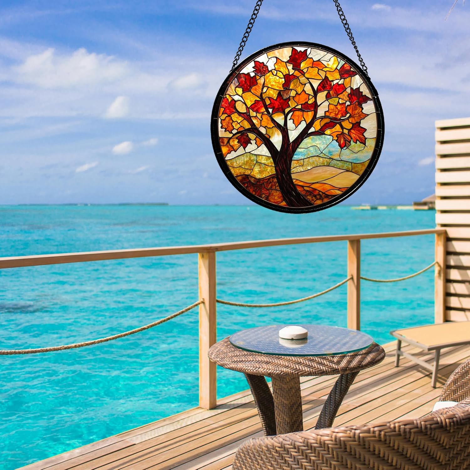Stained Glass Window Hanging Retro Orange-Red Maple Leaf Large 15" - Suncatcher Door Garden Sunroom Sun Catcher Home Decor Birthday Christmas for Mom Men Woman Friend Nana