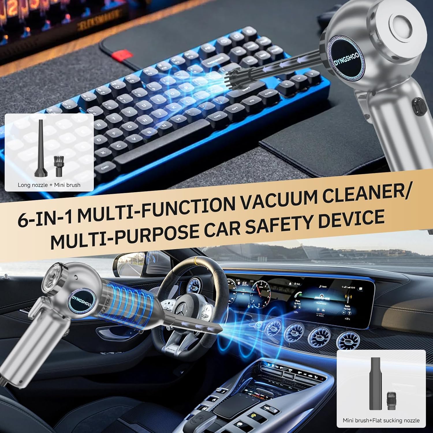 Handheld Car Vacuum Portable Cordless（Equipped with a one-touch window breaker and seatbelt cutter)25000Pa High-Power Suction Hand held Vacuum Cleaner & Air Duster for Car Cleaning (（silver gray）) - Image 6