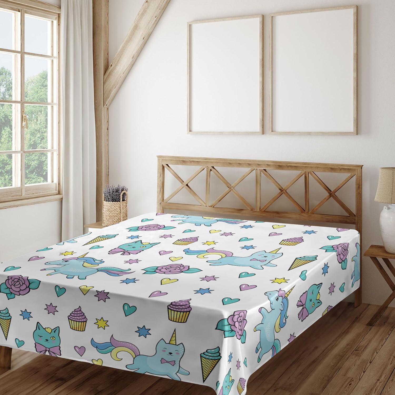 Ambesonne Unicorn Cat Flat Sheet, Girls Pattern Hearts Stars Flowers Ice Cream Funny, Soft and Comfortable Top Sheet Decorative Bedding 1 Piece, Full Size, Pale Blue Lavender