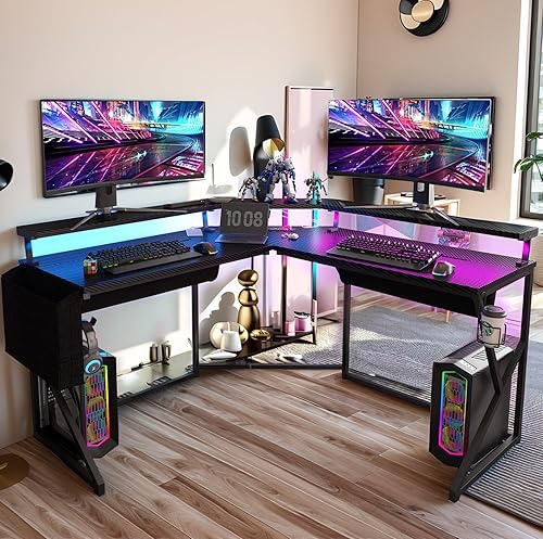 QIAYA Escritorio para computadora en forma de L con luces LED y tomas de corriente, soporte para monitor, soporte para tazas, ganchos, superficie de