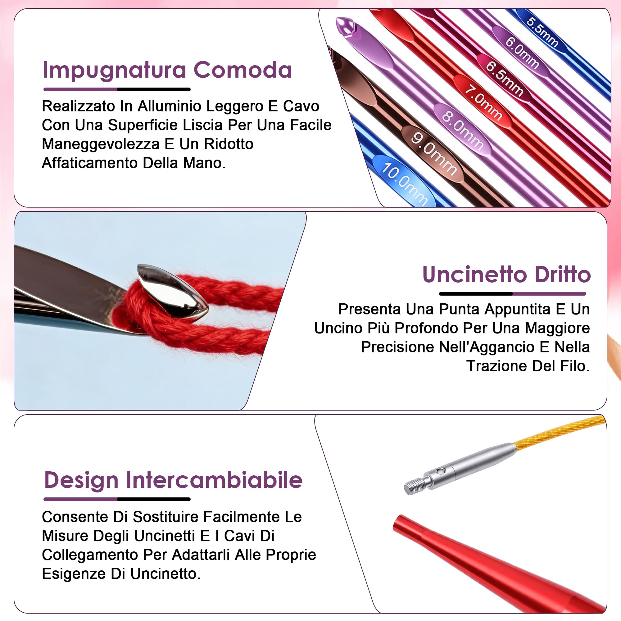 Set di 12 Uncinetti Tunisini Intercambiabili, Uncinetti Afgani in Lega di Alluminio, Dimensioni 3,0-10,0mm, Fili 40cm 60cm 80cm 100cm per Tappeti, Maglioni, Sciarpe