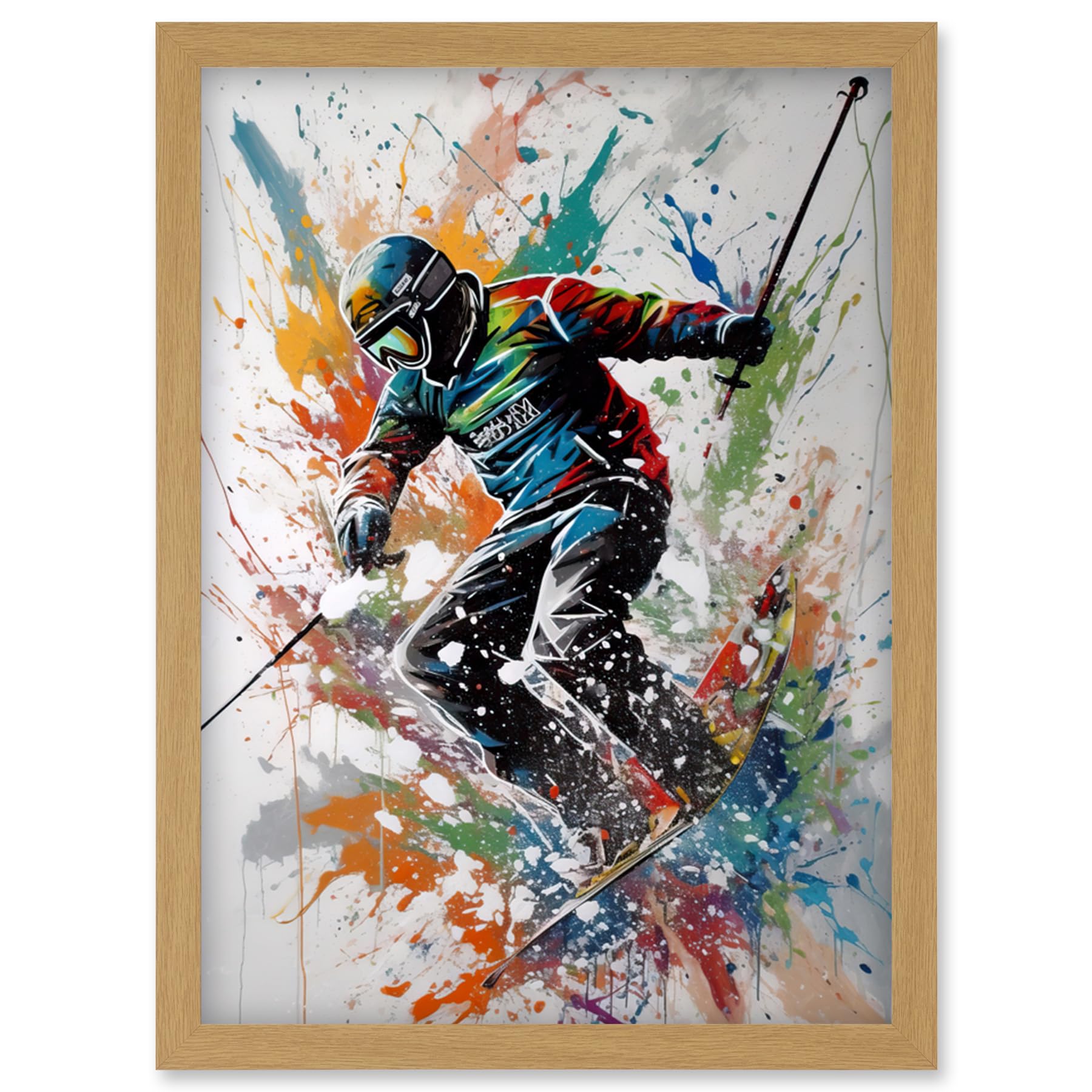 Artery8 Skier Skiing Multicoloured Paint Splat Action Shot Artwork Framed Wall Art Print A4