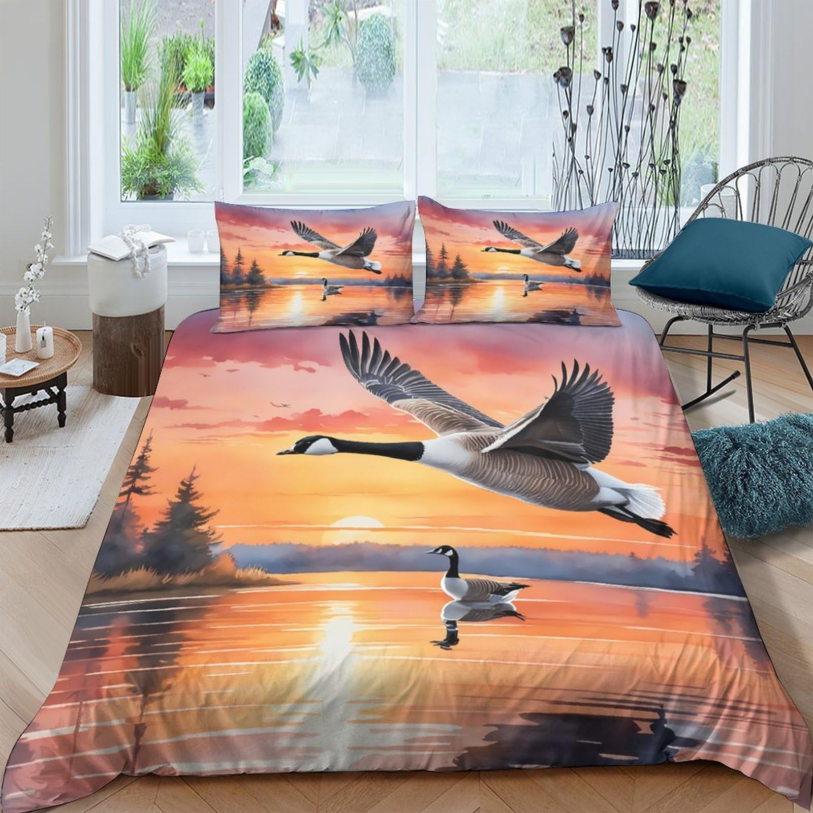 Ctjqhvkz Style-7 3D Printed Sunset Lake Fitted Sheet Microfiber Soft Goose Flight Mattress Cover For Bedroom Guest Room Decor Single（135X200cm）