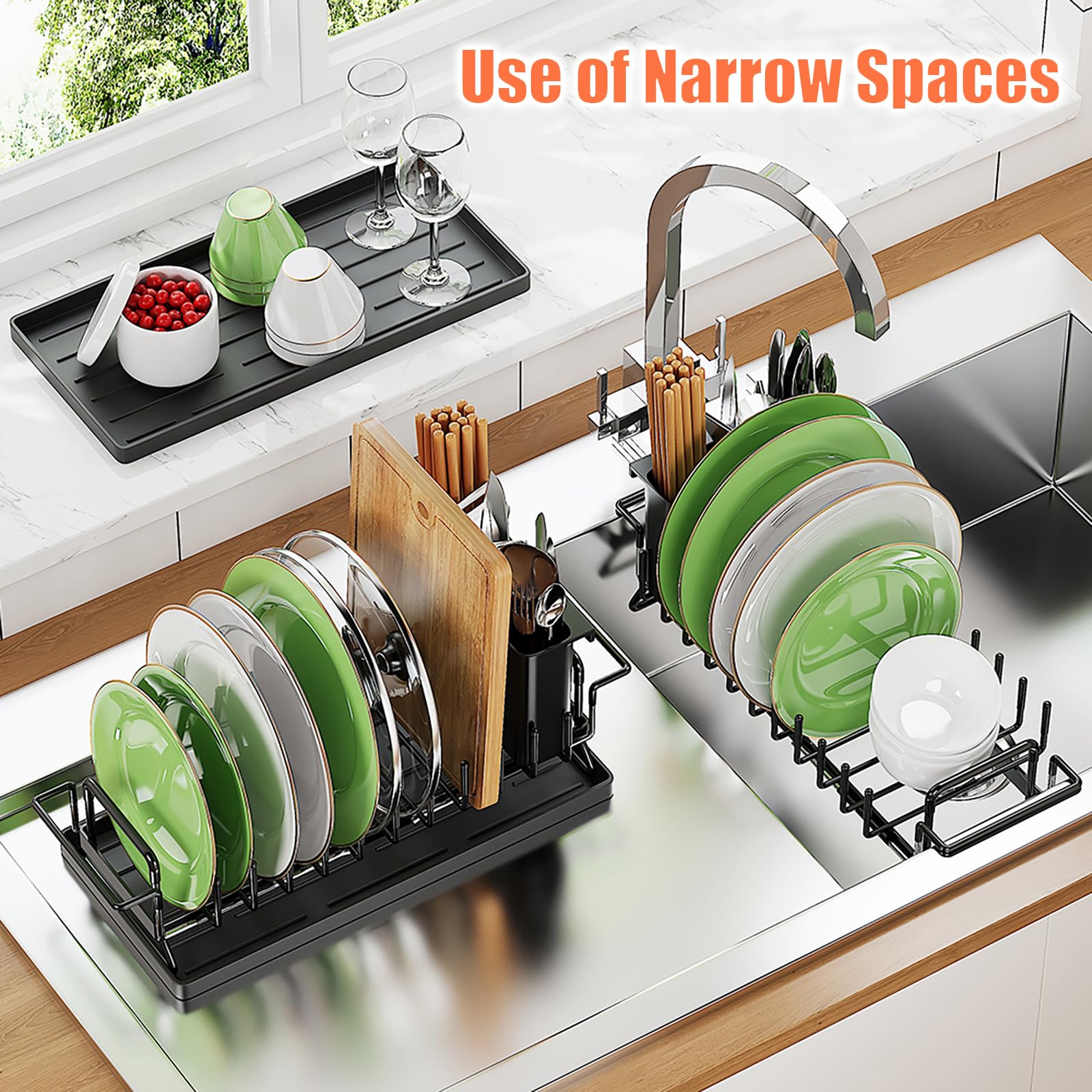 Piccolo scolapiatti telescopico sopra il lavello, scolapiatti con vassoio in silicone per scolapiatti per lavello da cucina e piano di lavoro organizer per stoviglie