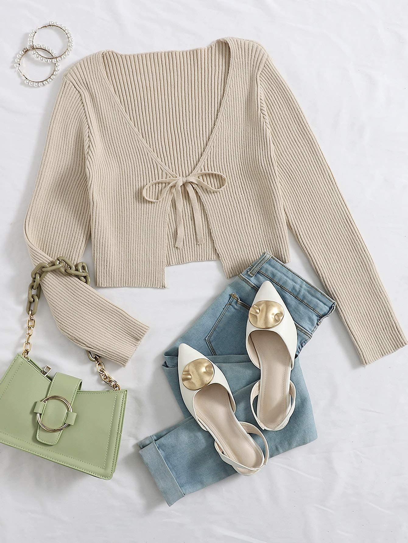 Floerns Women's Tie Front Long Sleeve Rib Knit Shrug Sweaters Cardigan Crop Top