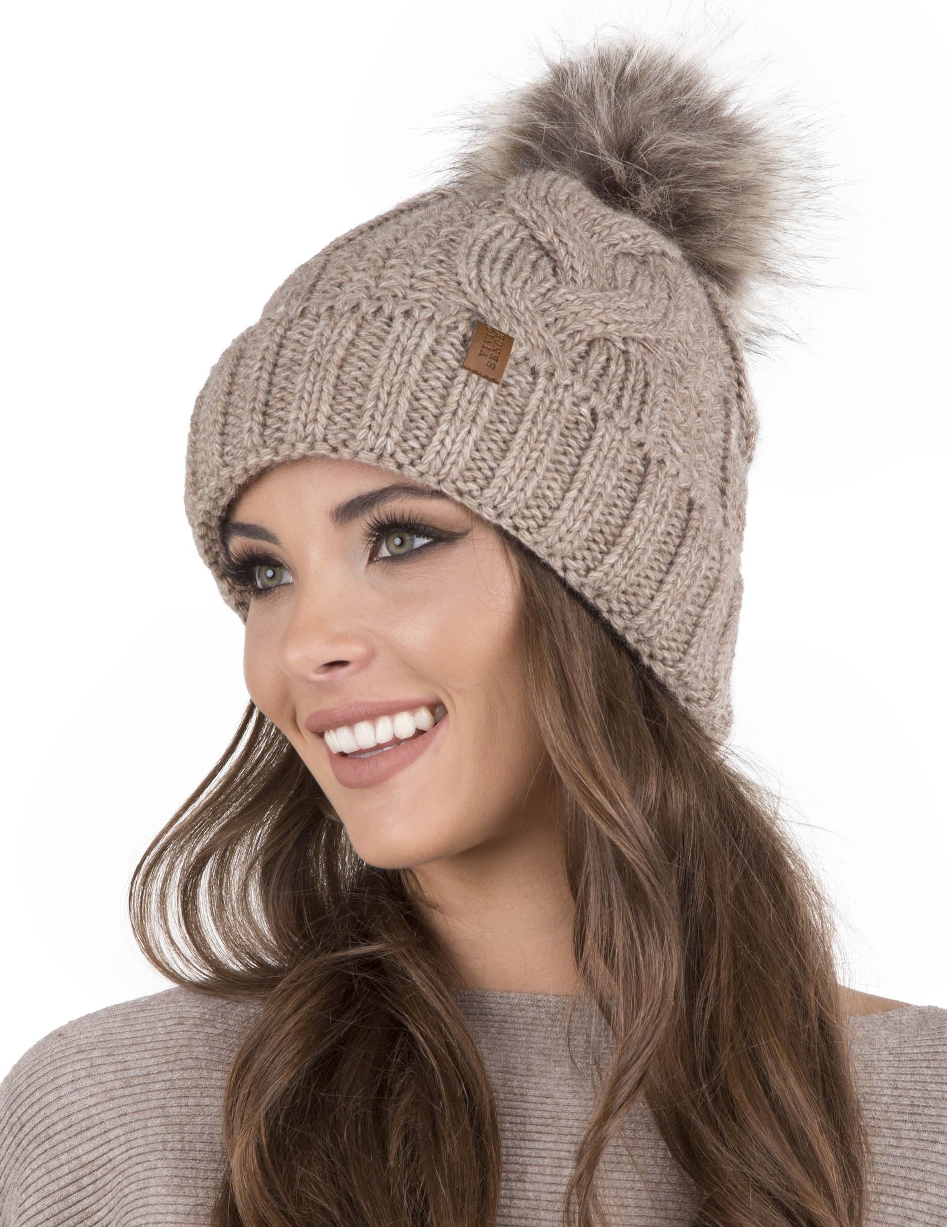 Vivisence Women's Beige Winter Hat With Pom Pom For Warm Ideal For Cold Days 7014, ,Uni