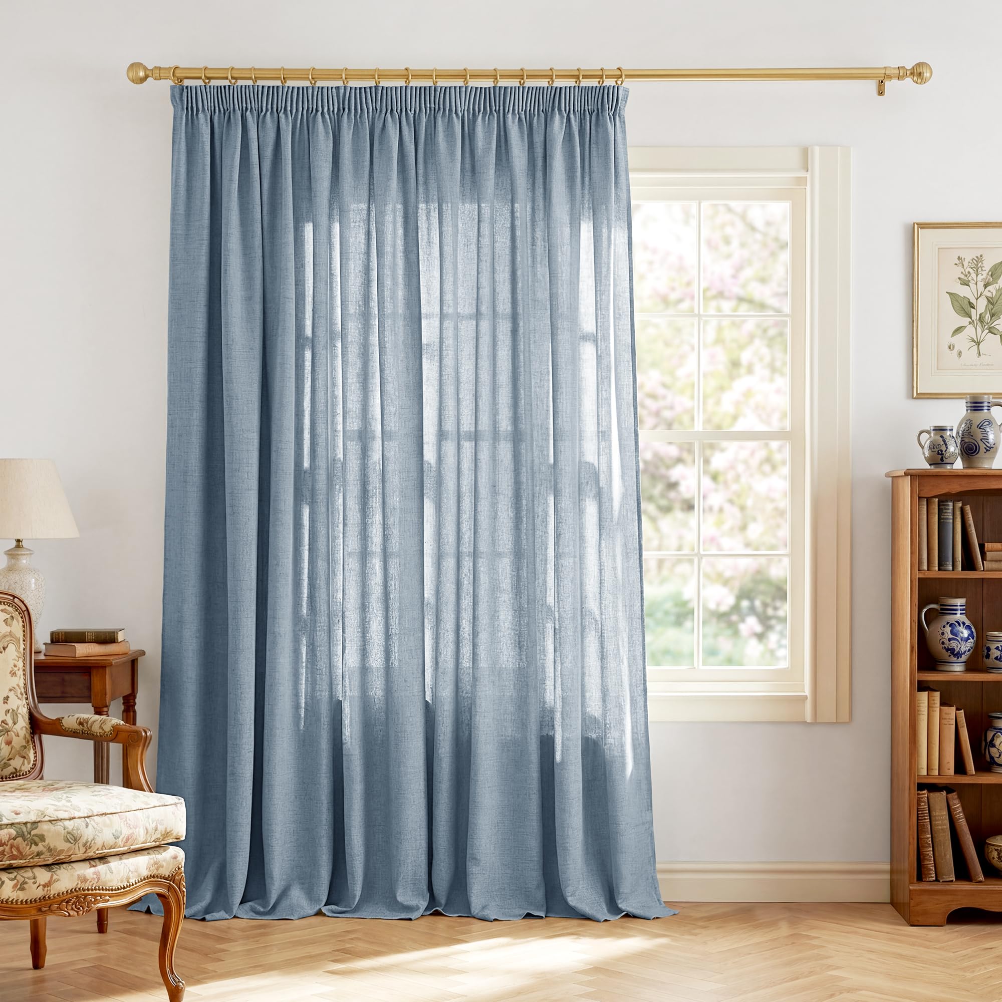 PONY DANCE Extra Breite Gardine Leinenoptik Vorhang Kräuselband | 1er Set H245 x B300 cm, Taubenblau, für Schiene, Lichtdurchlässig, Halbtransparent, Kinderzimmer Dekoration, Boho Style