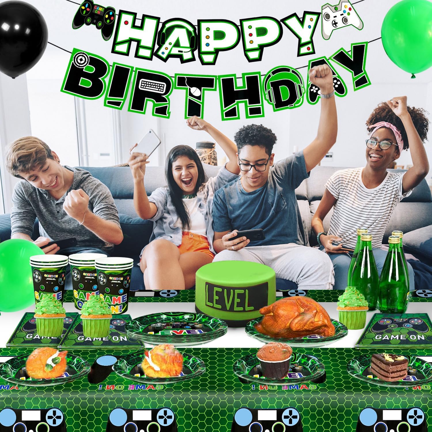 16 Guests Video Game Birthday Party Tableware, Video Game Plates and Napkins Party Supplies Includes Video Games Party Plates Cups Table Cloth Banner etc Gaming Birthday Party Decorations Supplies