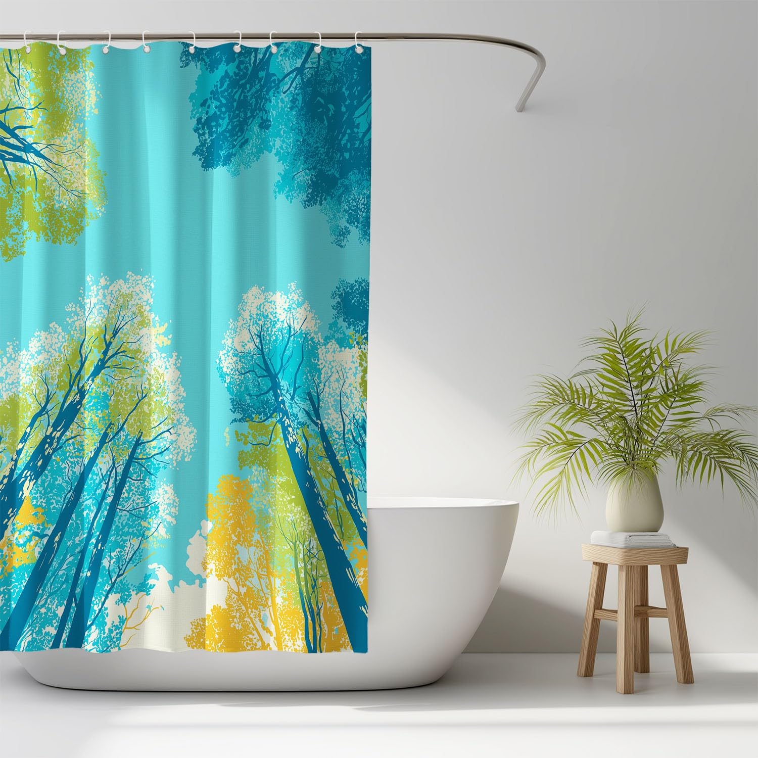Generico Fantasia Tenda Da Doccia Natura Arte Alberi Blu Verde, Tenda Da Doccia Per Bagno, Vasca Da Bagno, Tenda In Poliestere Impermeabile Con Ganci In Plastica, 180 x 200 cm